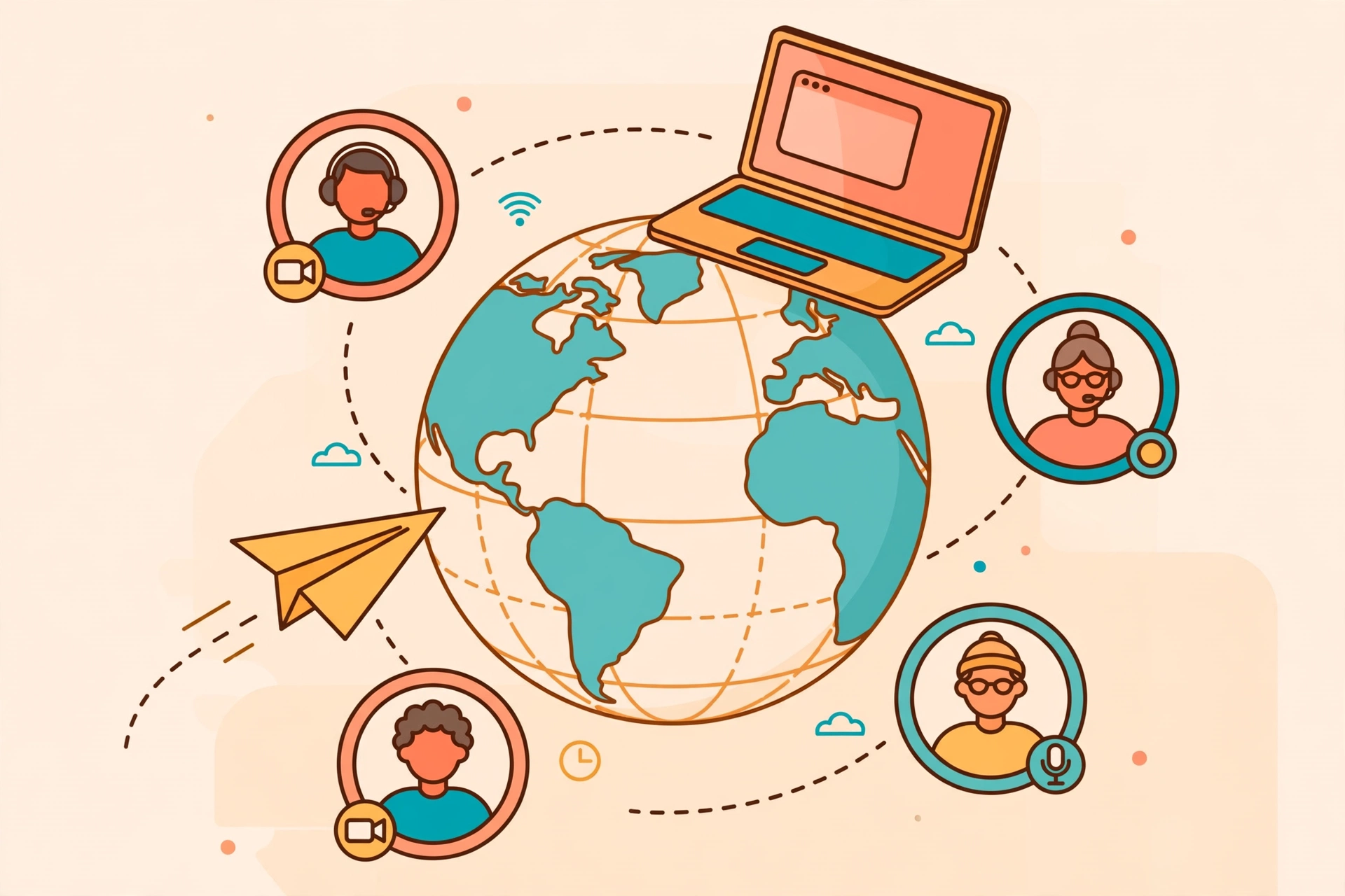 Flat vector illustration of a global remote team connected across time zones, representing Deel's international hiring and EOR coverage