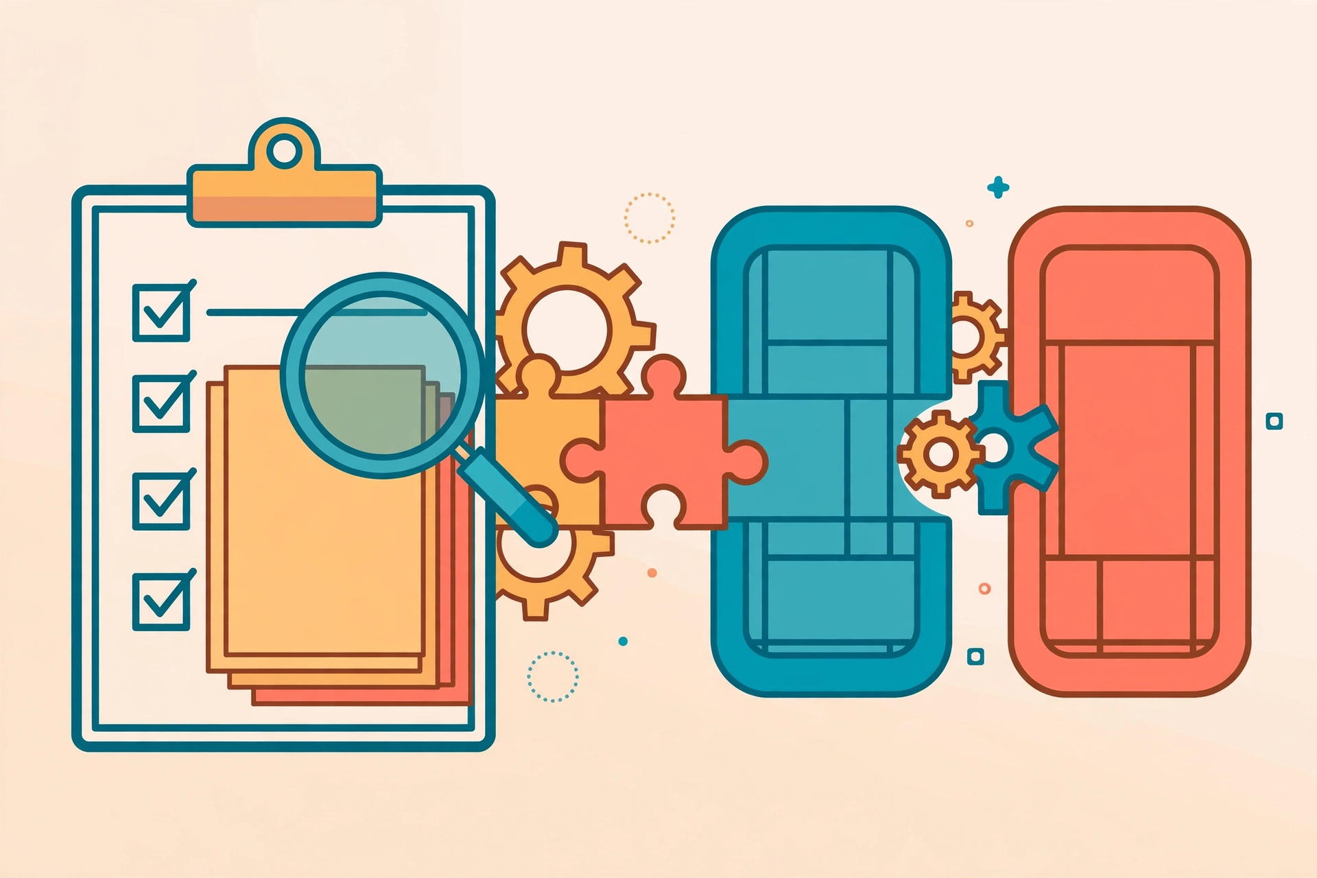 Flat vector illustration of a compliance audit checklist with a magnifying glass and connected frame