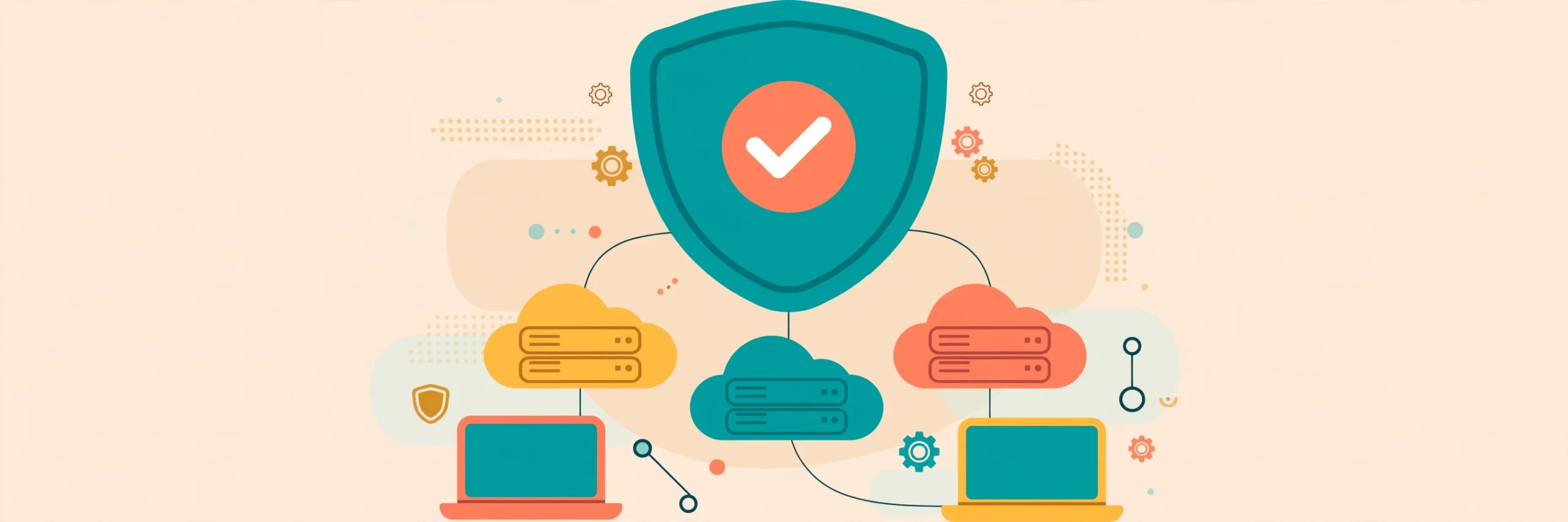 Flat vector illustration of a shield protecting connected servers, representing automated SOC 2 compliance platforms like Vanta, Drata and Secureframe