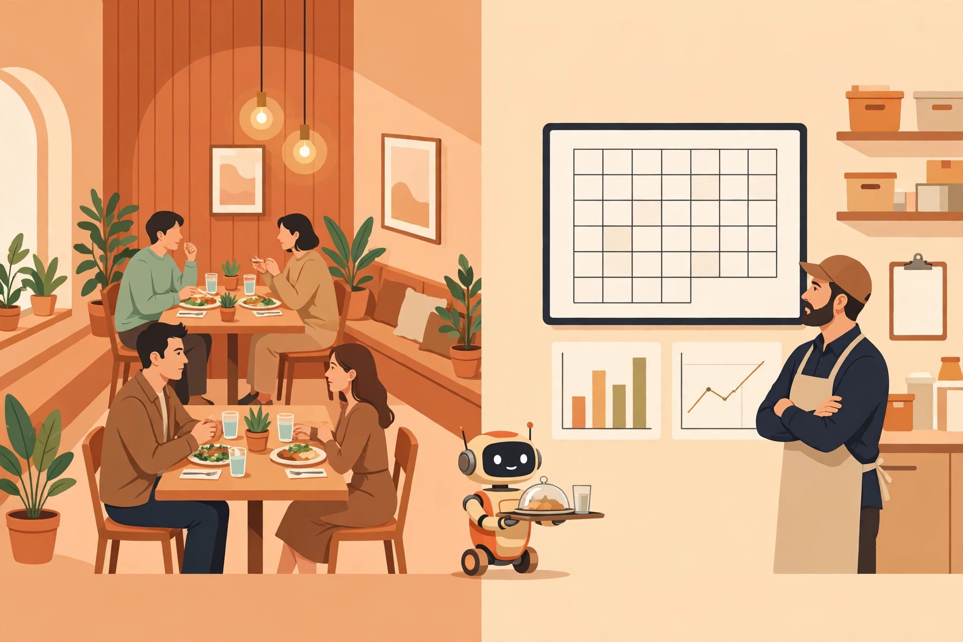 Split view of a restaurant dining room and a manager reviewing staff schedules and cost charts with a robot helper