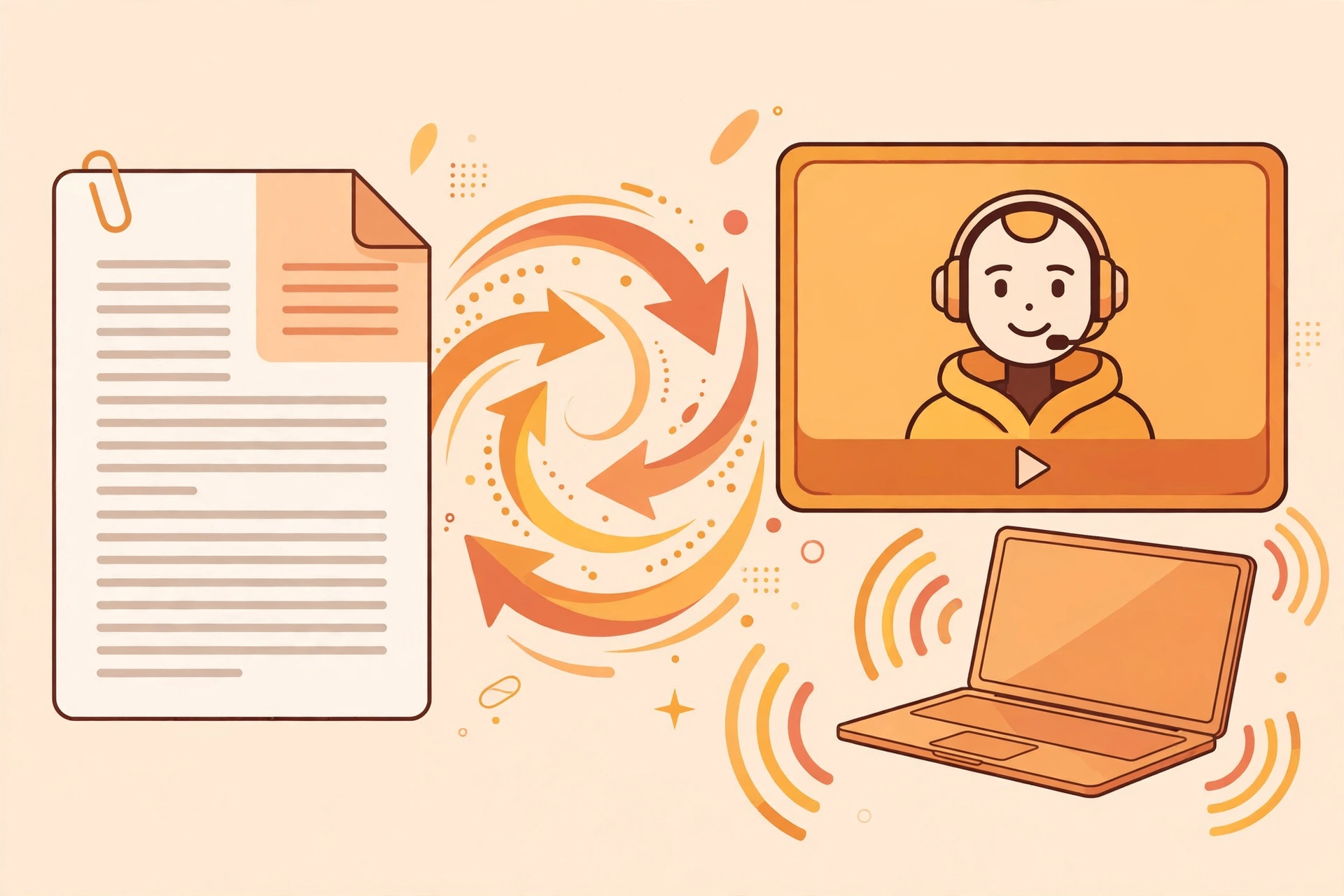 A document transforming into an avatar-narrated video with transformation arrows and a laptop
