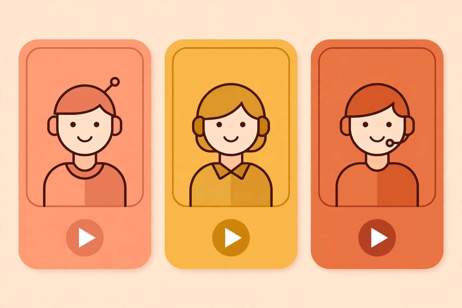 Three AI avatar presenters inside video player frames on warm colored backgrounds