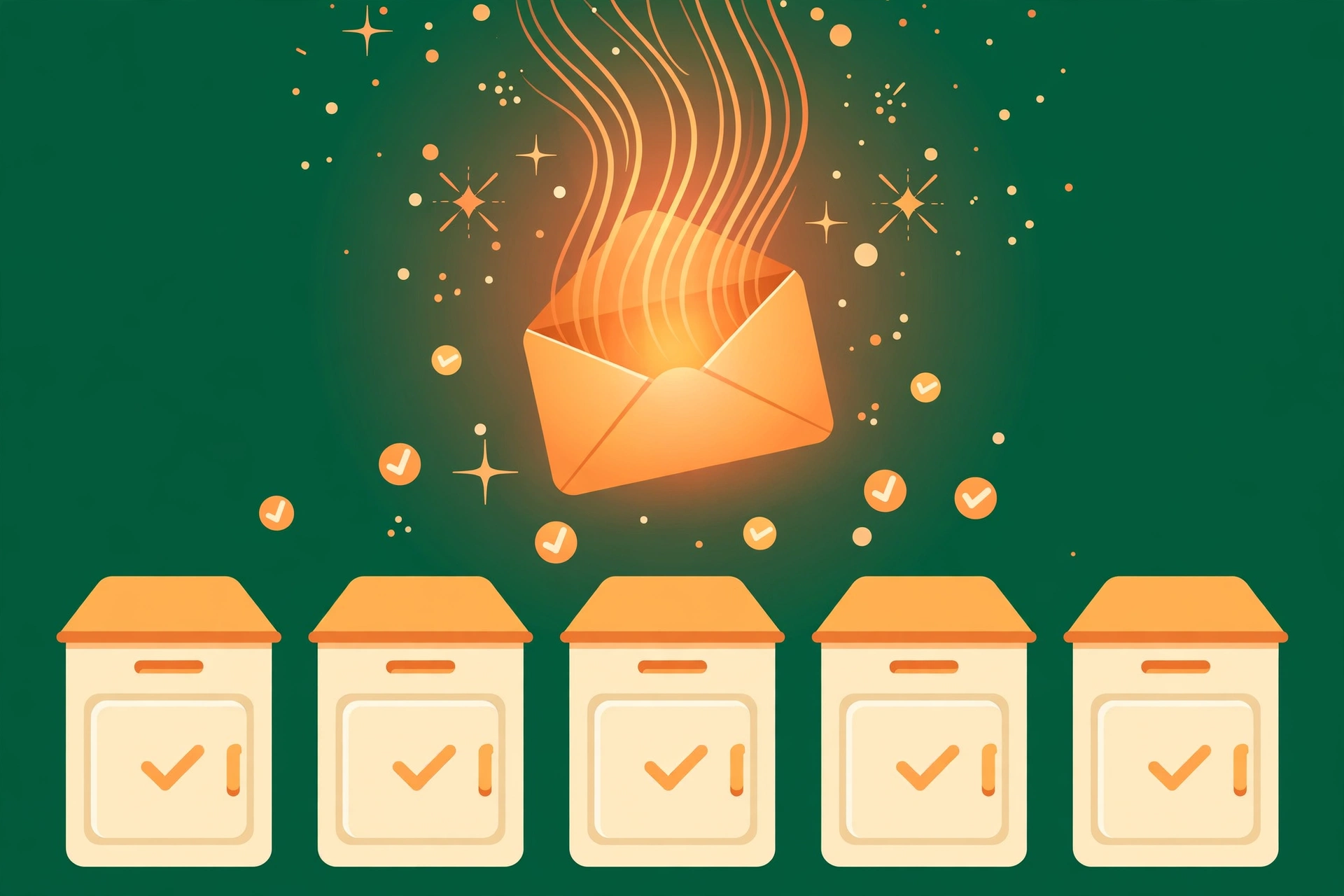 Flat vector illustration of glowing mailboxes with a warming envelope rising above them, warm orange and deep green colors