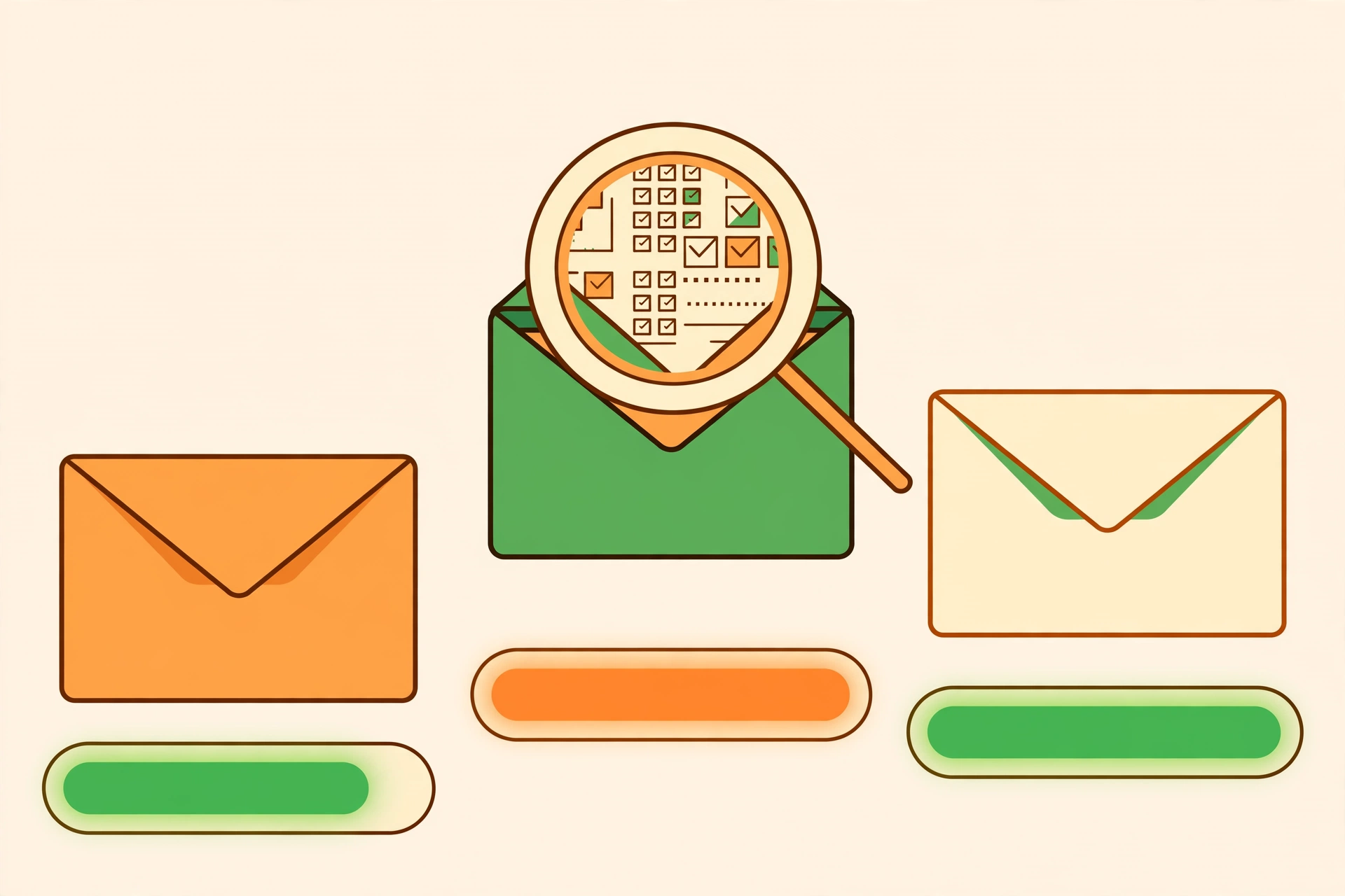 Flat vector illustration of three envelopes being compared with progress bars and a magnifying glass, warm orange and green colors