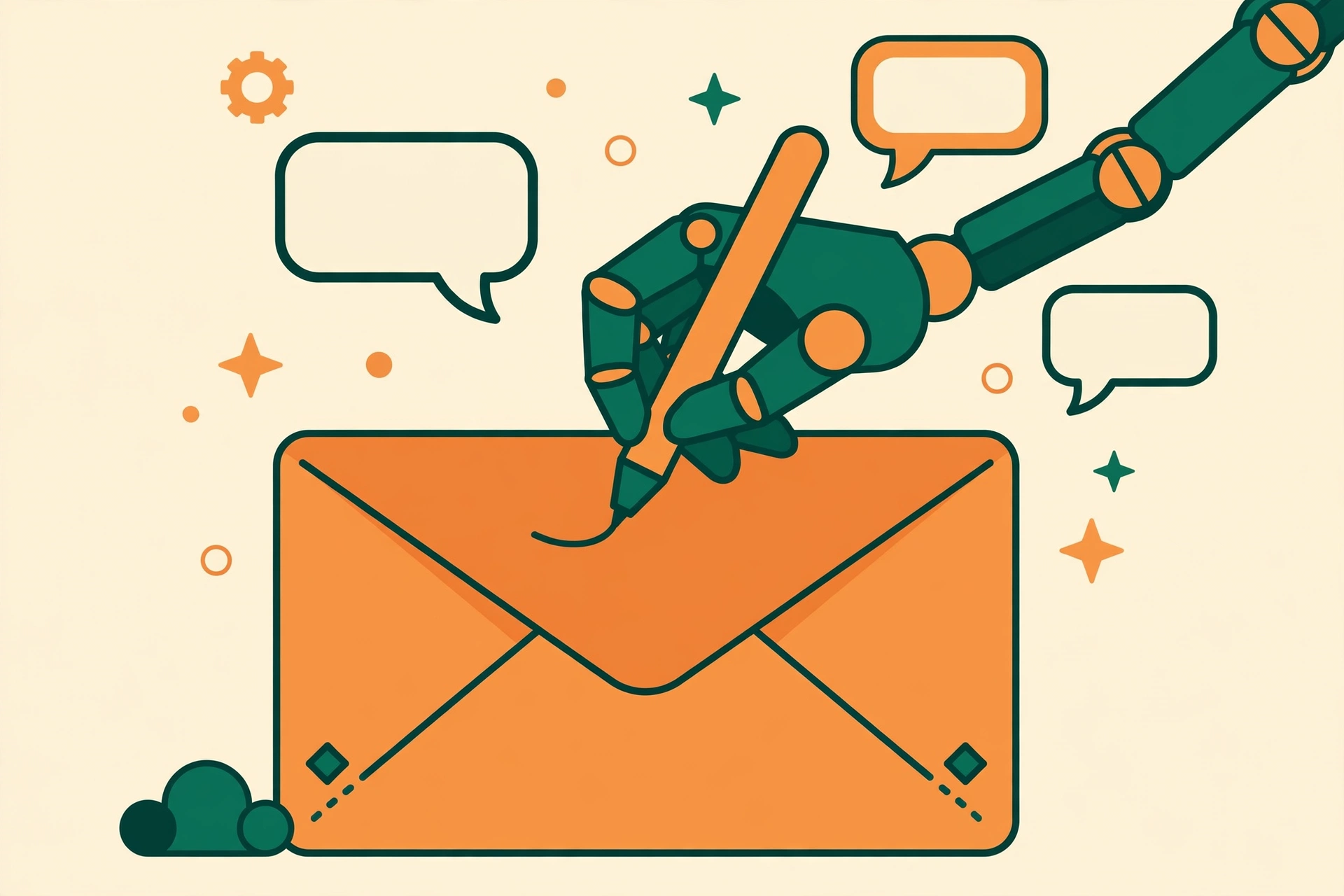 Flat vector illustration of a robot writing personalized emails with floating speech bubbles, warm orange and green colors