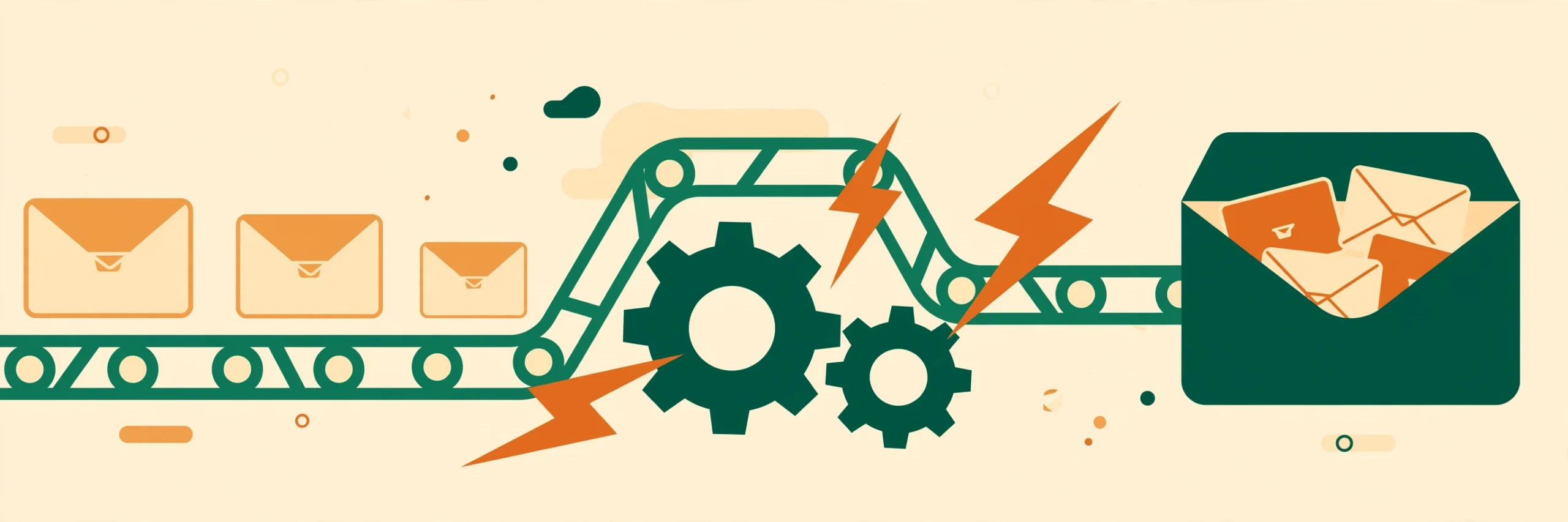 Flat vector illustration of automated email sequences flowing through gears into an inbox, warm orange and deep green colors