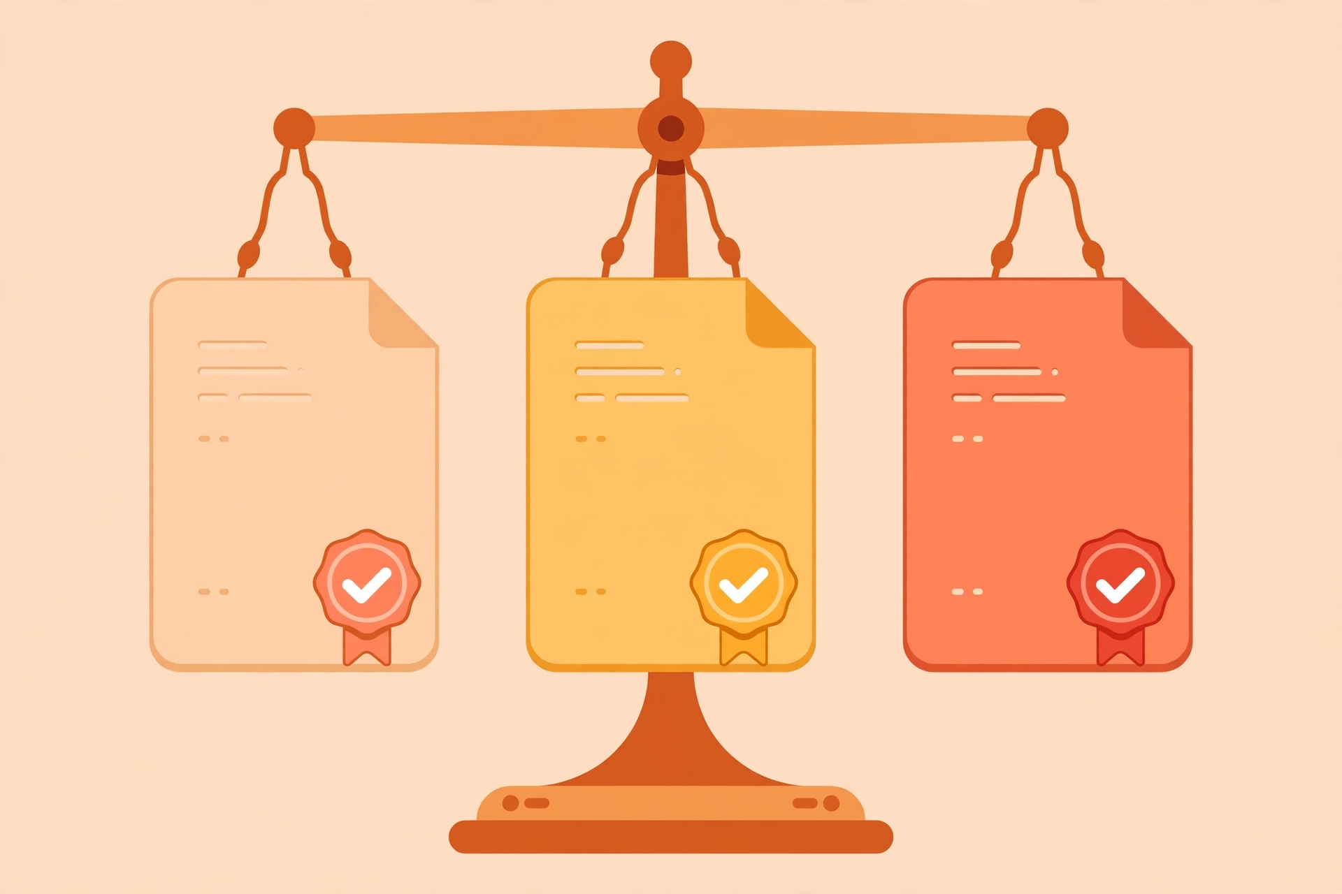 Flat vector illustration of three document cards on a balance scale, comparing e-signature tools