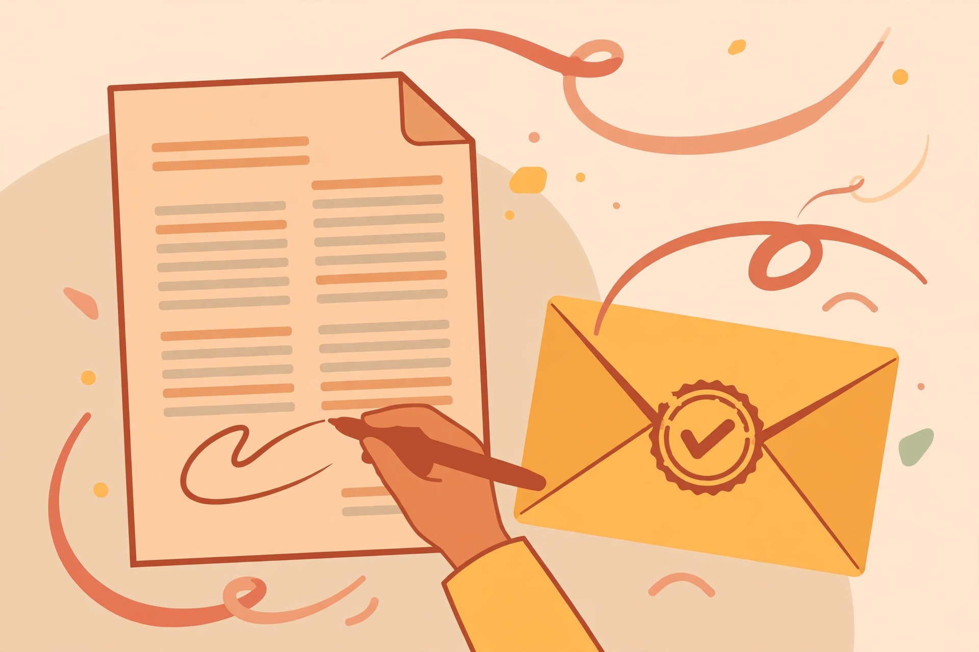 Flat vector illustration of a contract being signed with a stylus next to a sealed envelope with a checkmark stamp