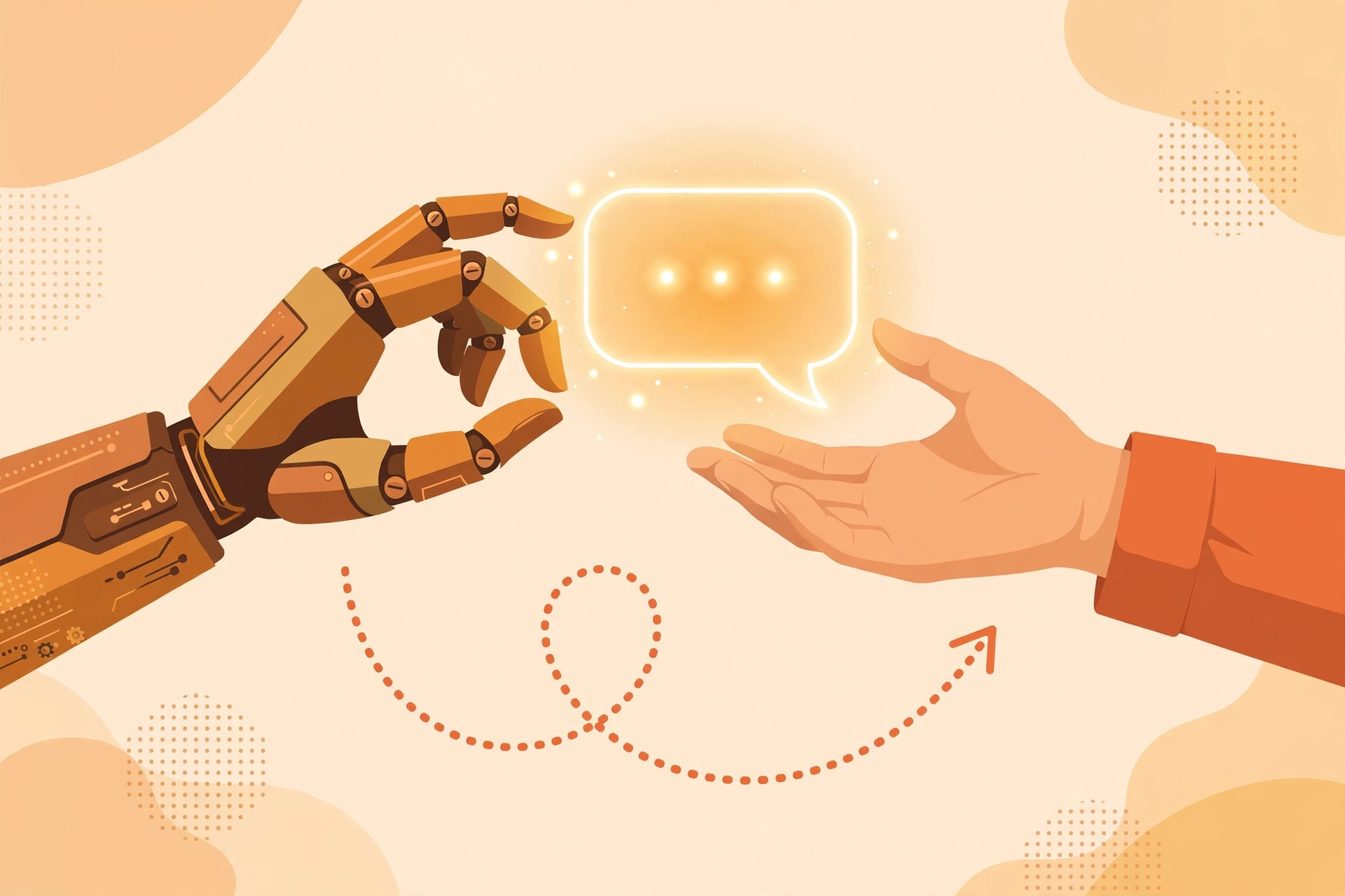 Flat vector illustration of a robot hand passing a glowing chat bubble to a human support agent