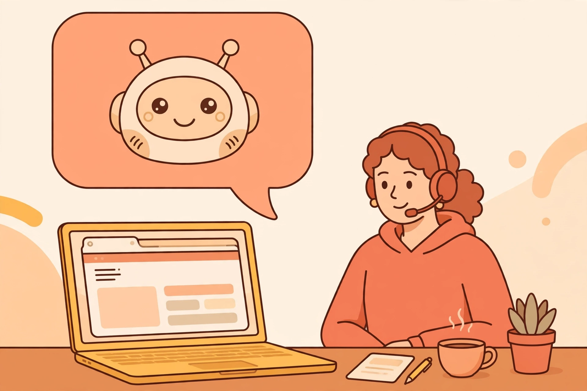 Flat vector illustration of a robot chatbot in a speech bubble above a laptop with a headset-wearing support agent beside it