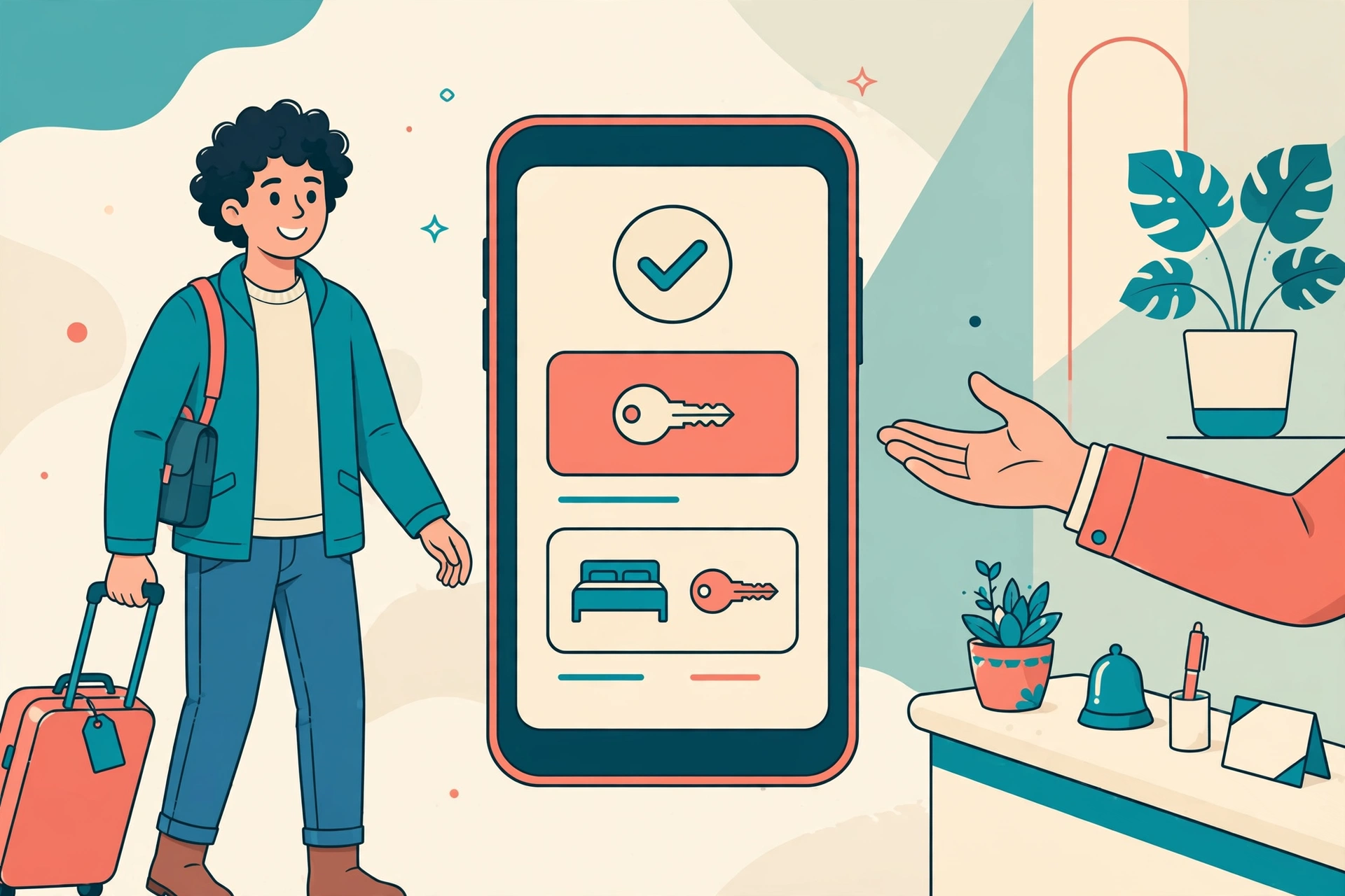 Flat vector illustration of a hotel guest arriving at check-in, with a smartphone displaying a friendly digital check-in screen and room key