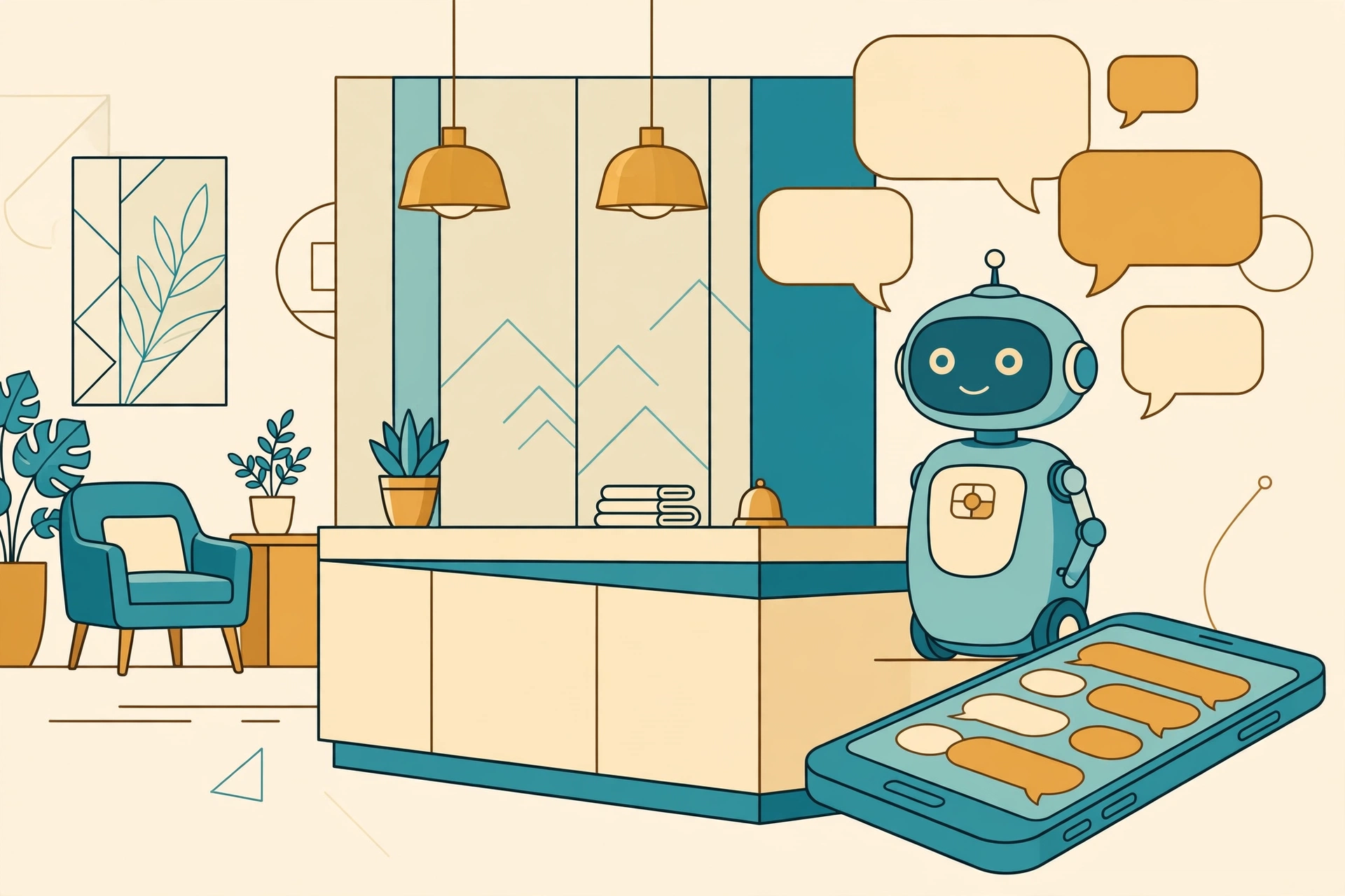 Flat vector illustration of a hotel front desk with a friendly service robot and speech bubbles suggesting automated guest messaging, plus a smartphone showing a chat interface