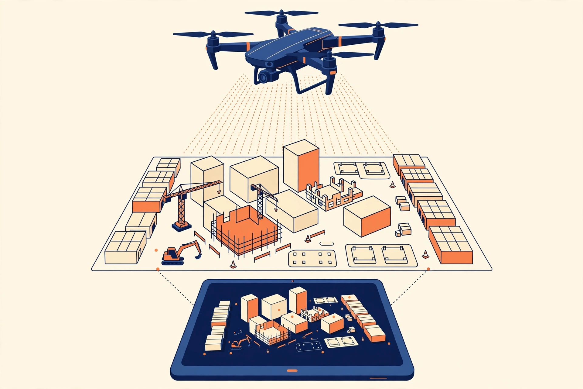 Flat vector illustration of a drone flying over a construction site capturing aerial photos, with a tablet showing a 3D site map below