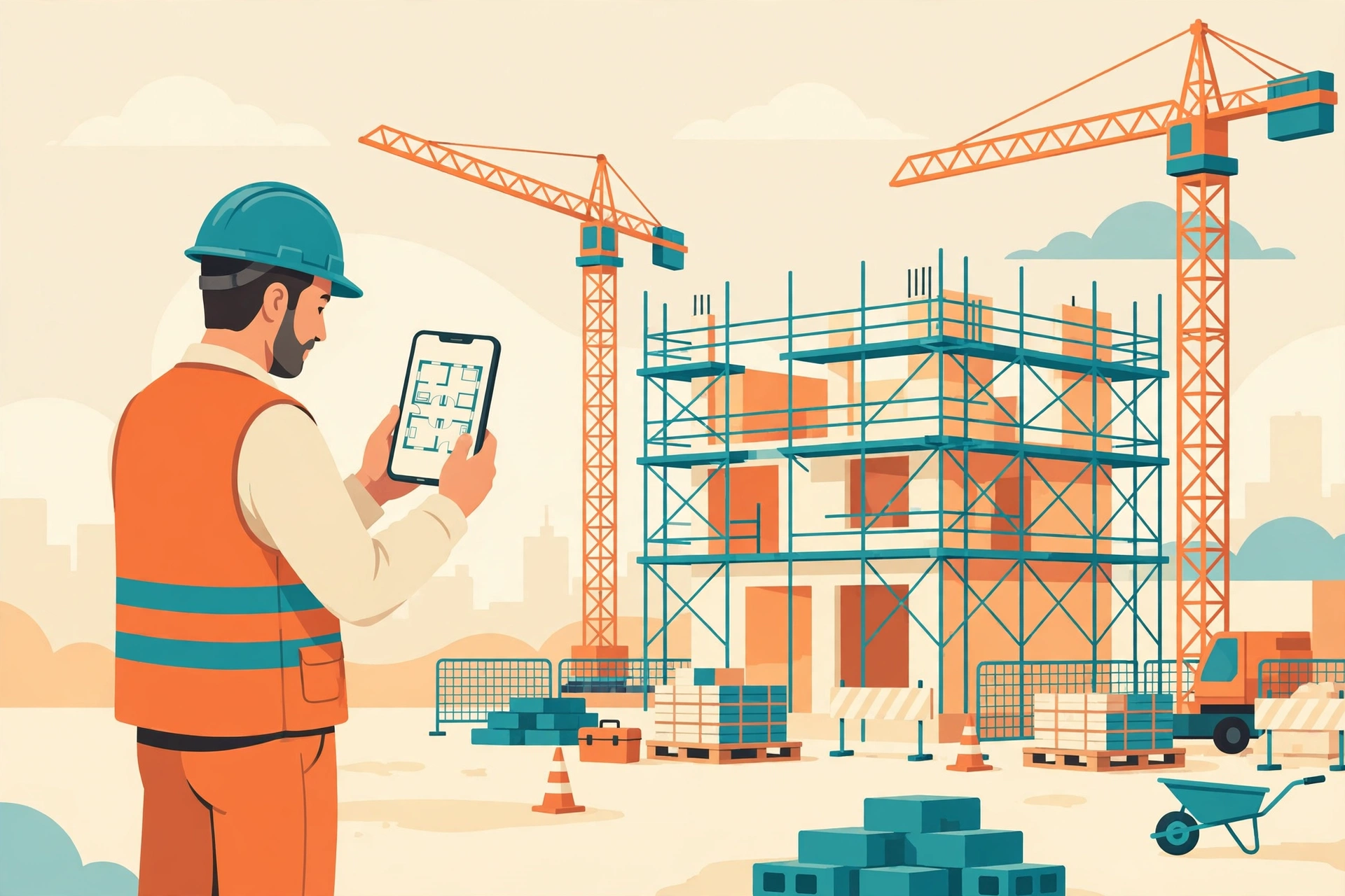 Flat vector illustration of a construction jobsite with cranes and scaffolding, and a worker in a hard hat holding a smartphone showing a digital floor plan