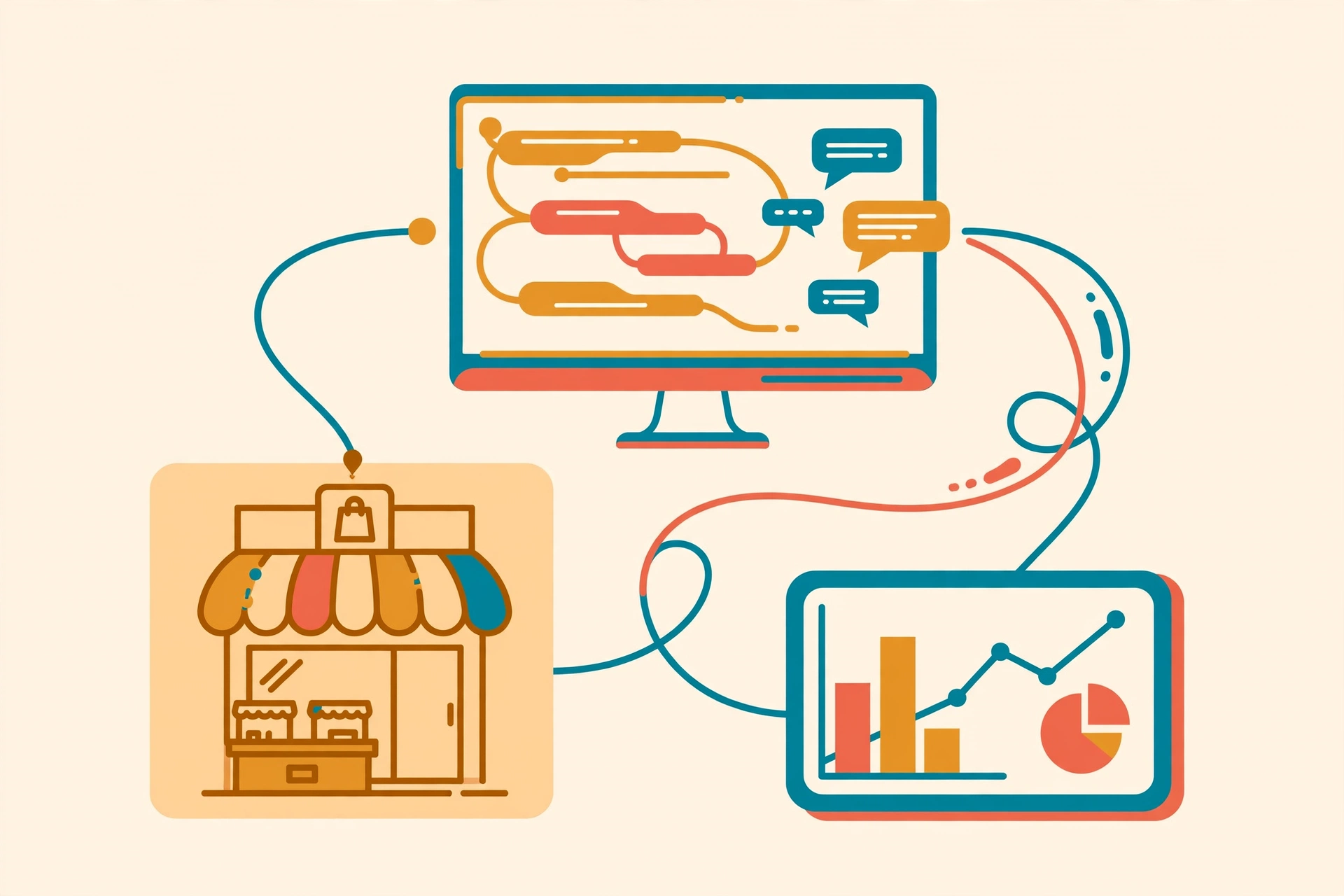 Flat vector illustration of an agency command center with a monitor showing client pipelines, a storefront kiosk, and a report chart card