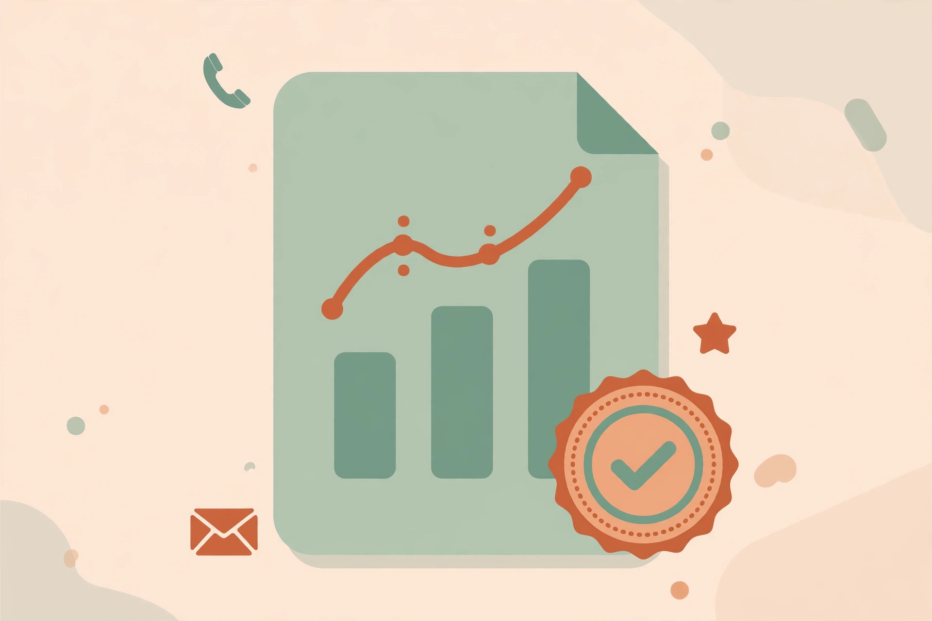 Flat vector illustration of a white-label client report with a rising chart, a stamped badge, and phone, envelope, and star icons