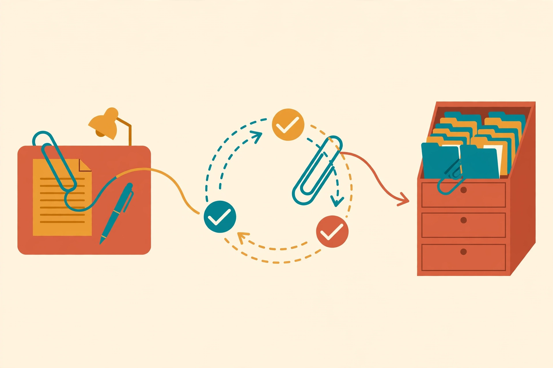 Flat vector illustration of a contract flowing through drafting, approval routing with checkmarks, and archive stages