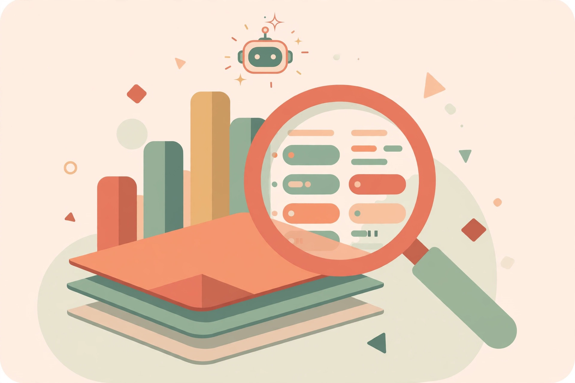 Flat vector illustration of a legal dashboard with a magnifying glass over contract documents revealing data tags and a rising chart
