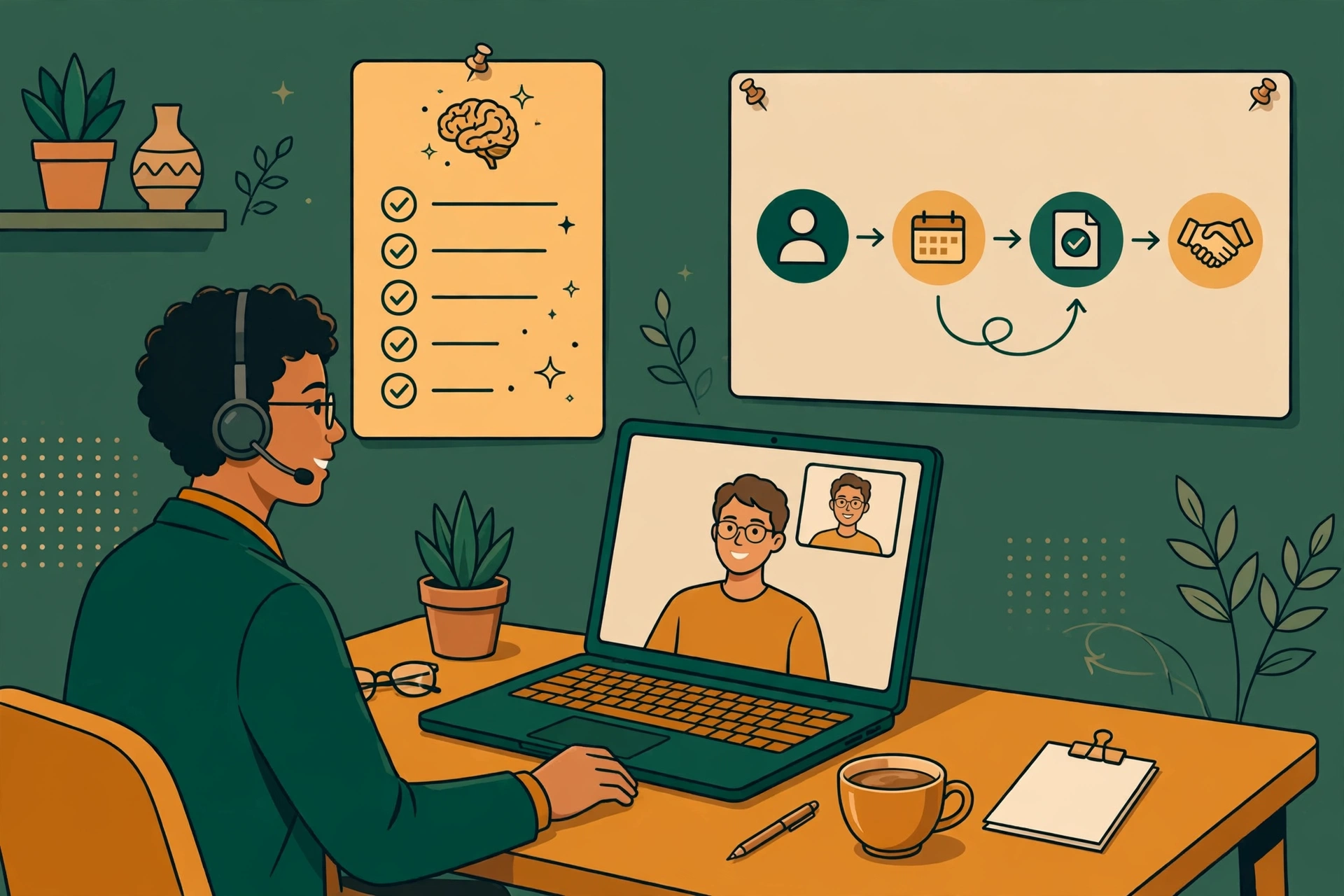 Financial advisor on a video call with a client while AI-generated meeting notes flow into a CRM dashboard