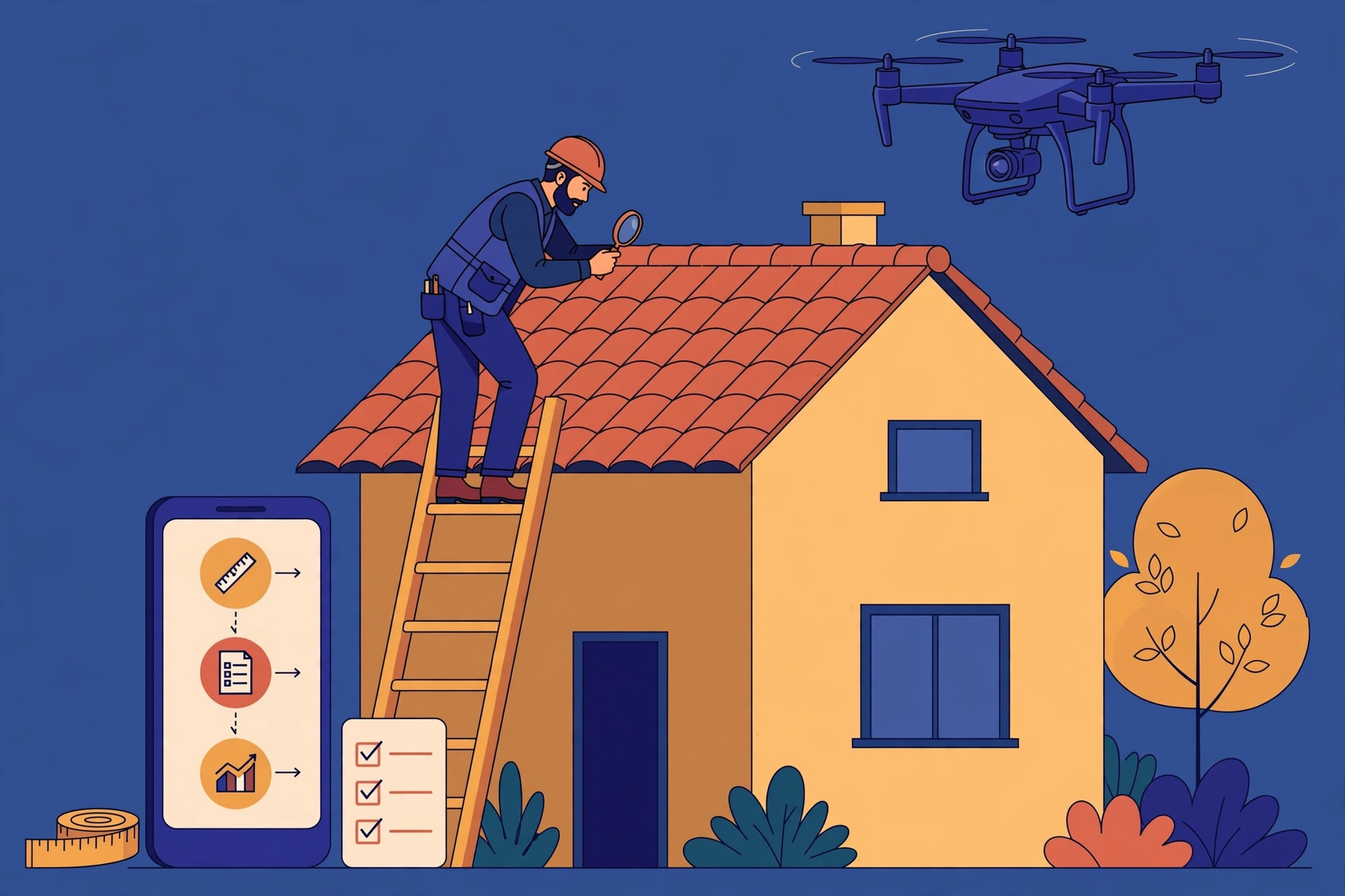 Roofing contractor inspecting a roof while a drone captures aerial measurements, with an estimate workflow on a phone