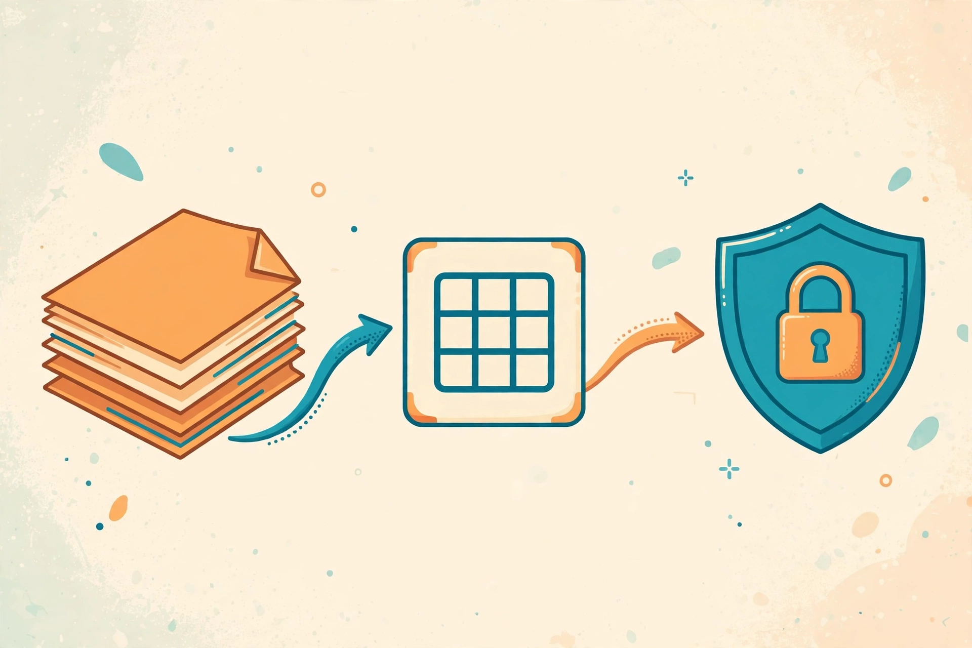 Document stacks, a glossary table, and a privacy shield connected in a translation workflow