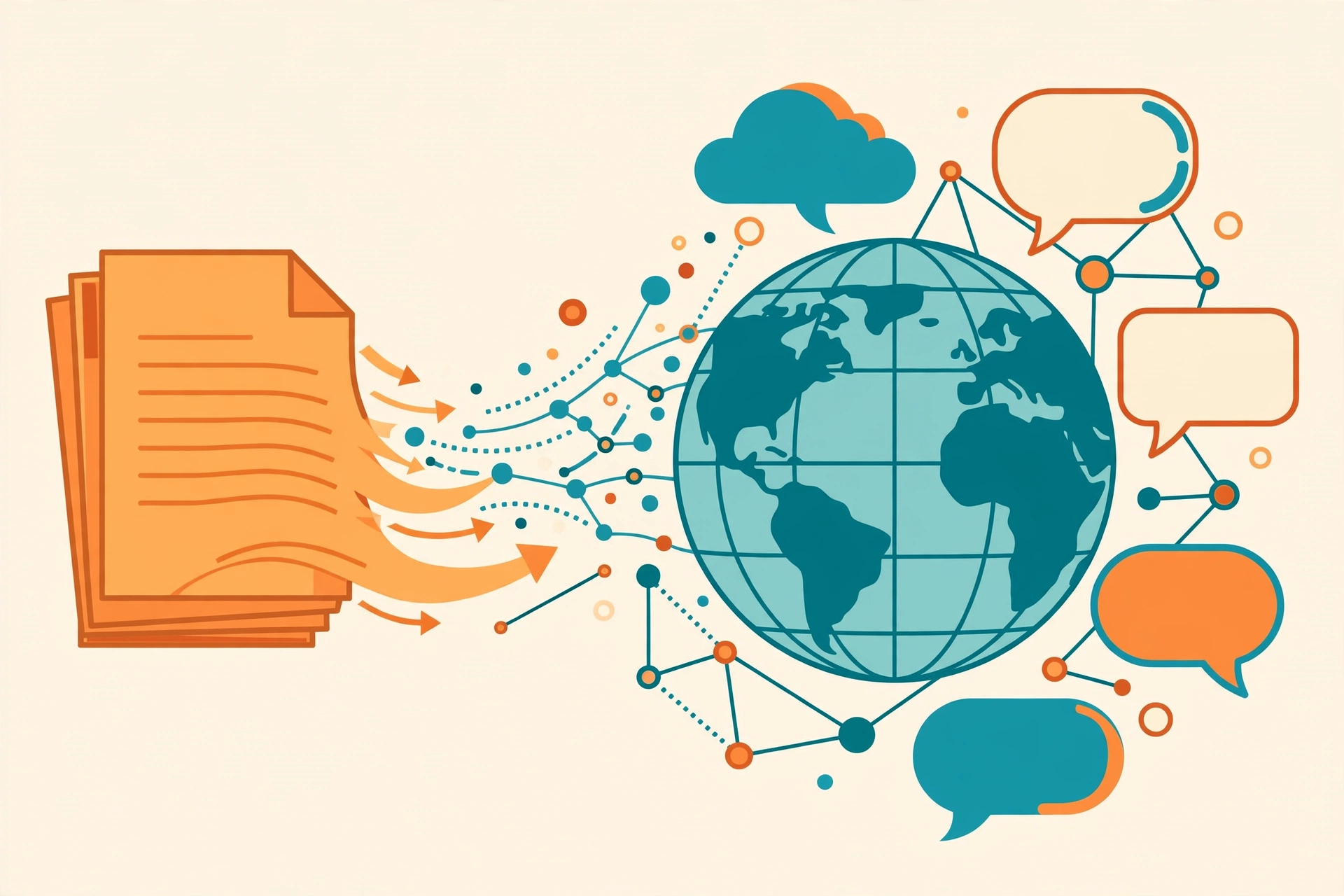 A business document flowing into a globe surrounded by speech bubbles and neural network nodes
