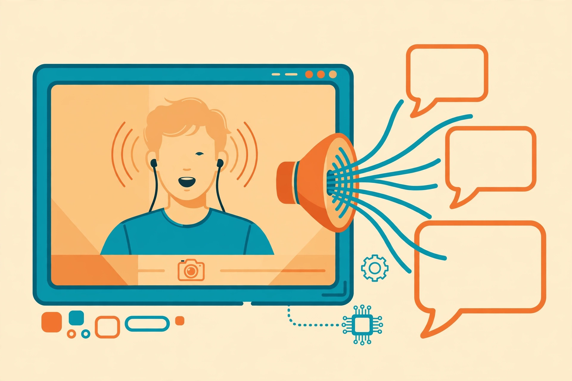 A video player frame with a person speaking, sound waves flowing into speech bubbles