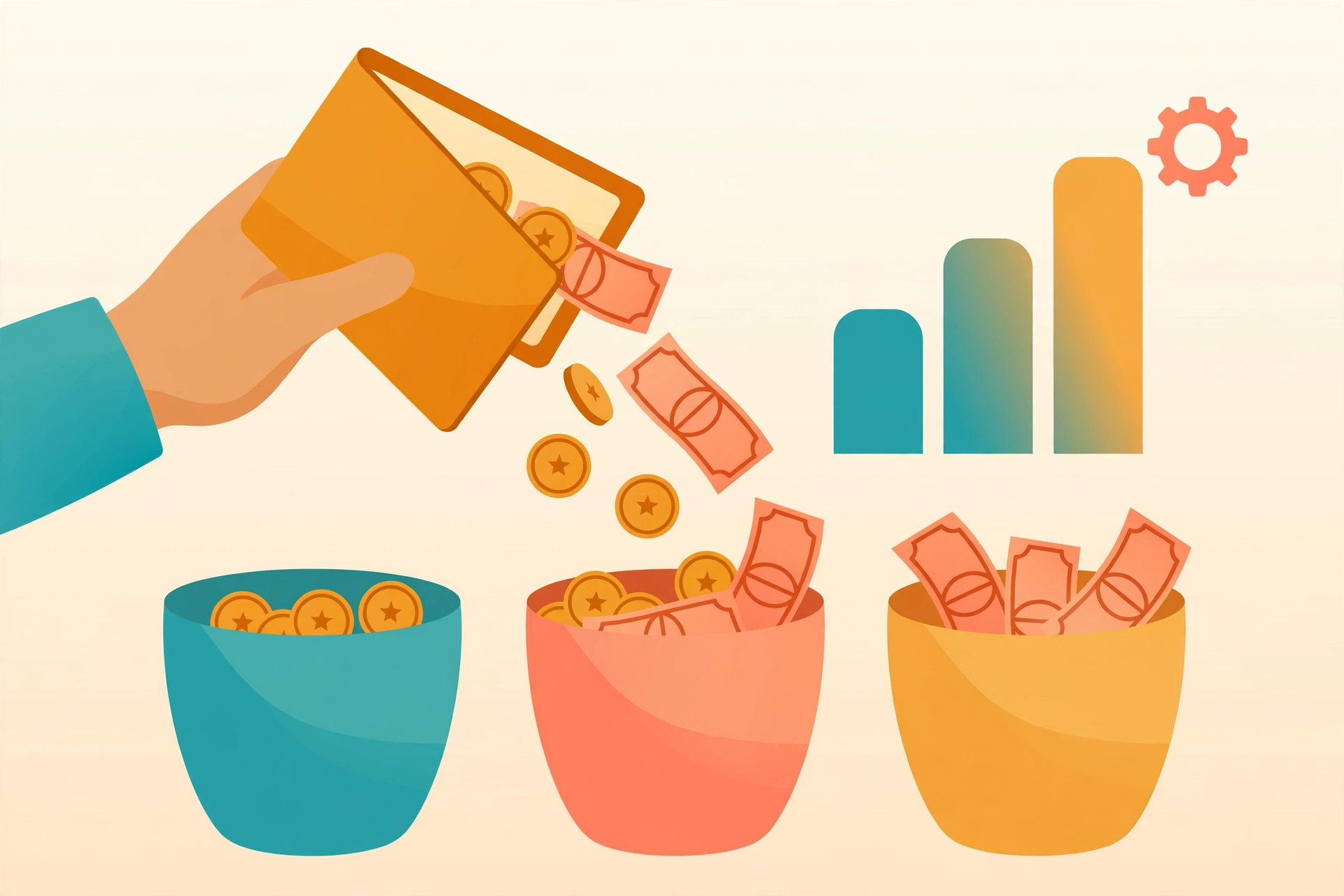 A hand holding a wallet while coins and bills sort themselves into budget buckets, with a rising bar chart and a small gear