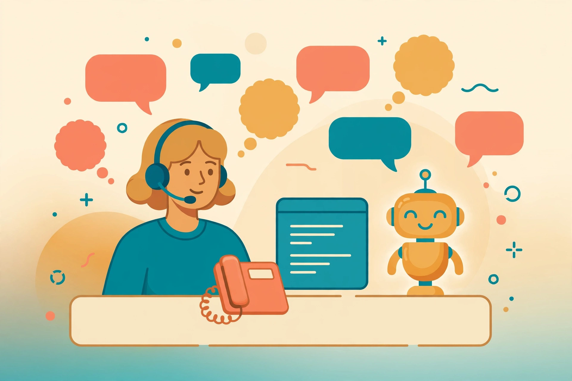 A customer support agent wearing a headset at a desk, surrounded by speech bubbles and a robot assistant helping answer calls