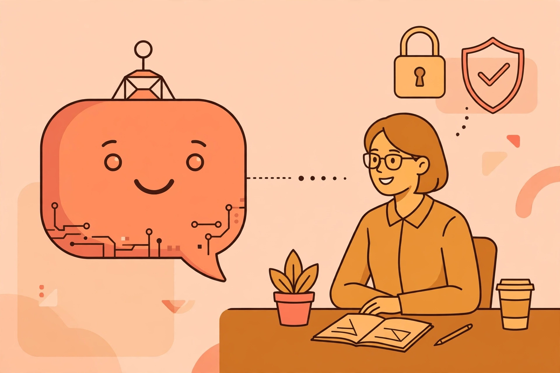 Flat vector illustration of an AI chatbot holding a private conversation with a coach at a desk, with a padlock and shield representing client-data privacy