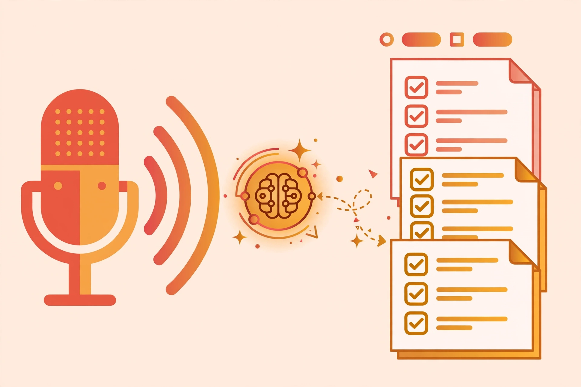 Flat vector illustration of an AI notetaker turning a recorded coaching call into structured session notes with checkmarks and action items