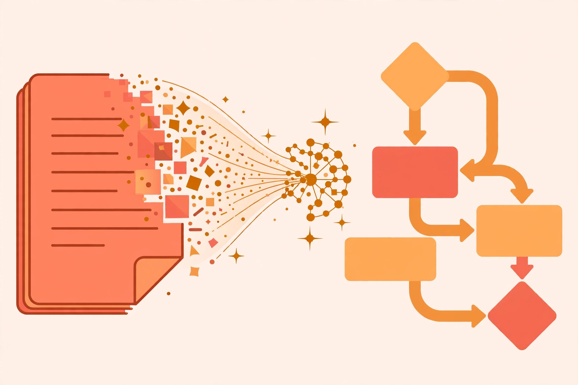 Flat vector illustration of AI transforming a block of text into colorful flowcharts and diagram shapes with connecting arrows