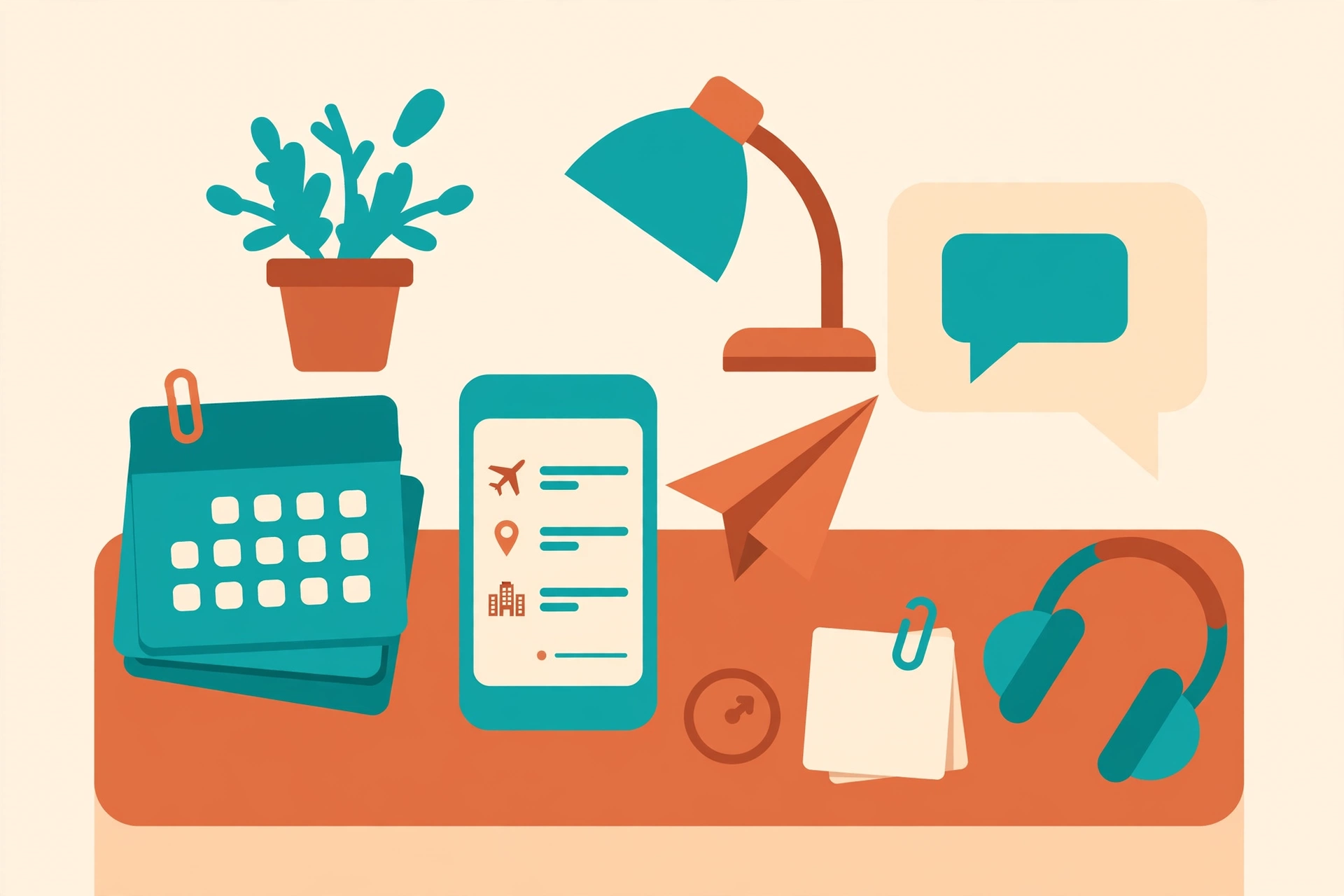 Flat vector illustration of a travel agent's desk scene: a smartphone showing an itinerary, a paper plane, floating calendar cards, and a chat bubble motif, in warm terracotta and teal