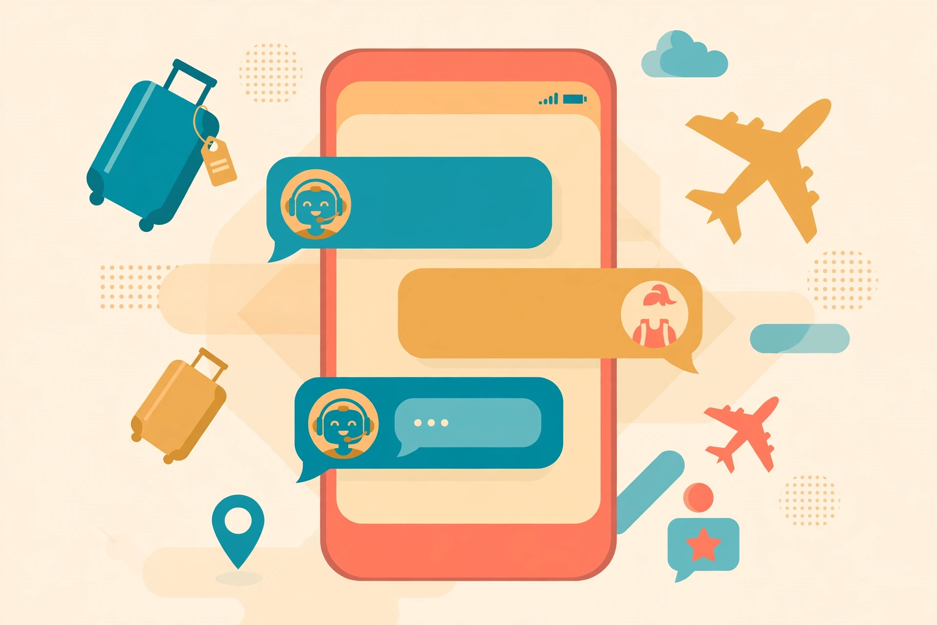 Flat vector illustration of a travel agent's smartphone with chat message bubbles and a chatbot avatar answering a traveler, with a suitcase and airplane icons