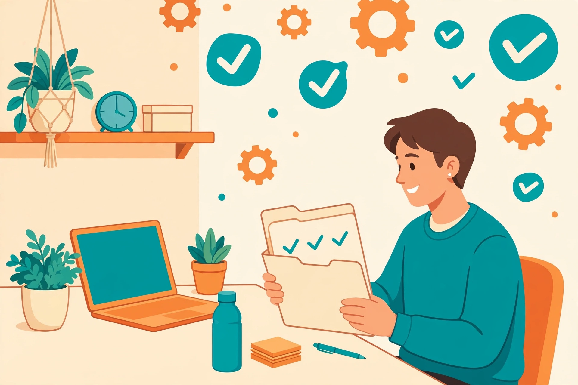 Flat vector illustration of a new hire onboarding scene with a welcome folder, checklist, laptop and plant on a bright desk, in warm orange and teal tones