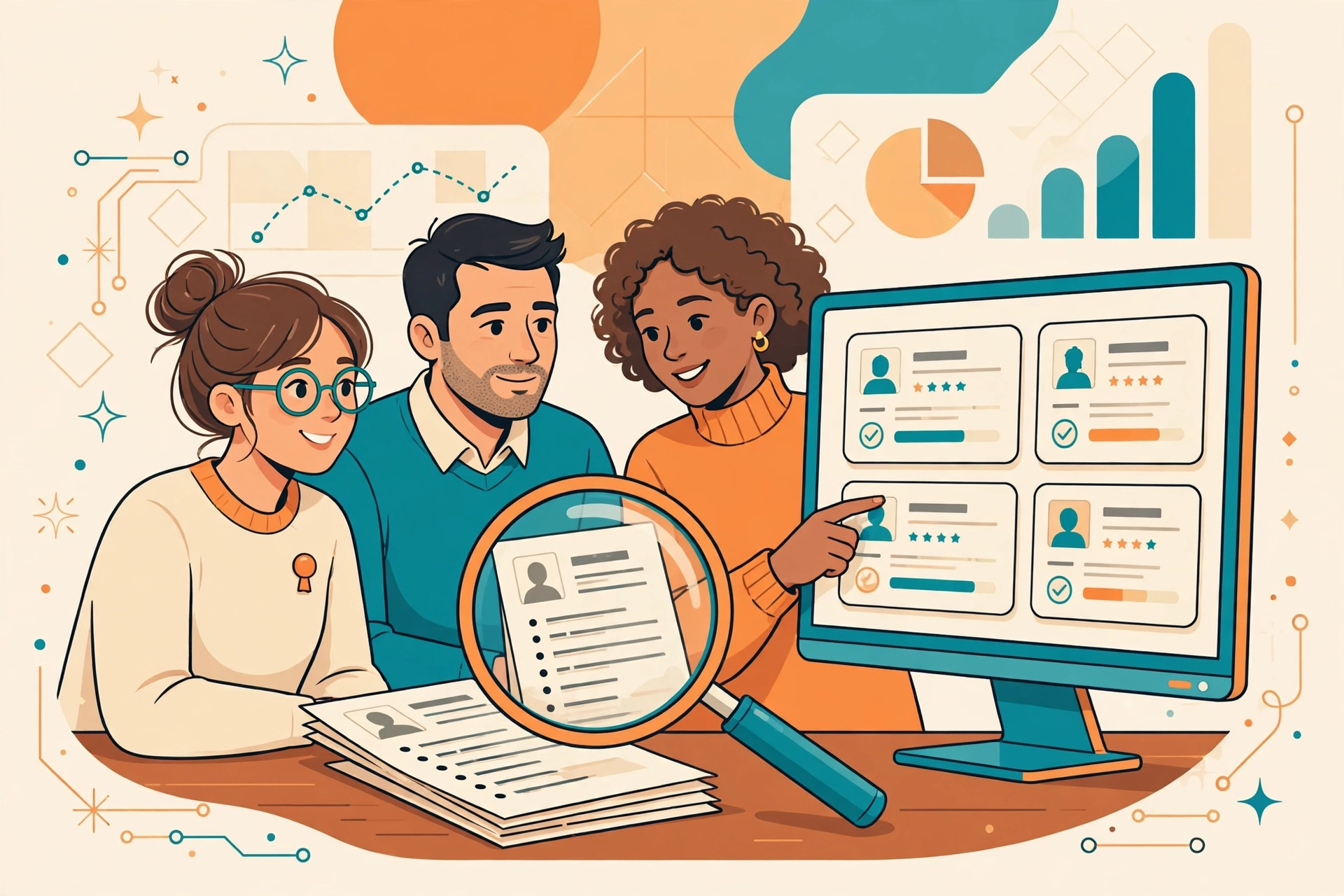 Flat vector illustration of an HR team reviewing candidate profile cards on a monitor with a magnifying glass over a resume, in warm orange and teal tones