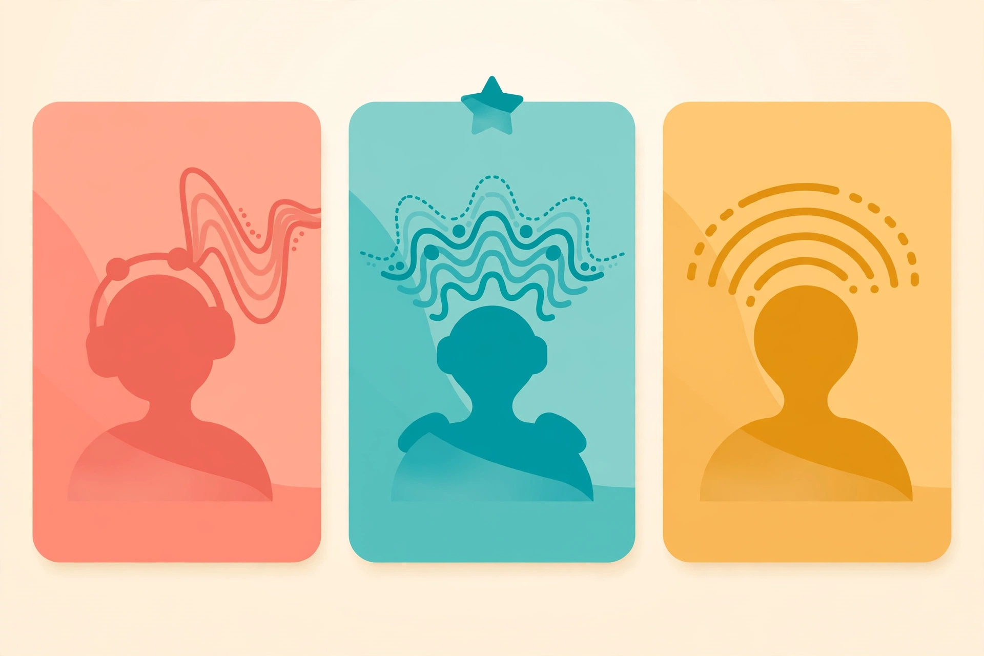Flat vector illustration of three stylized speaker avatars as comparison cards with distinct sound wave patterns, warm coral and teal colors