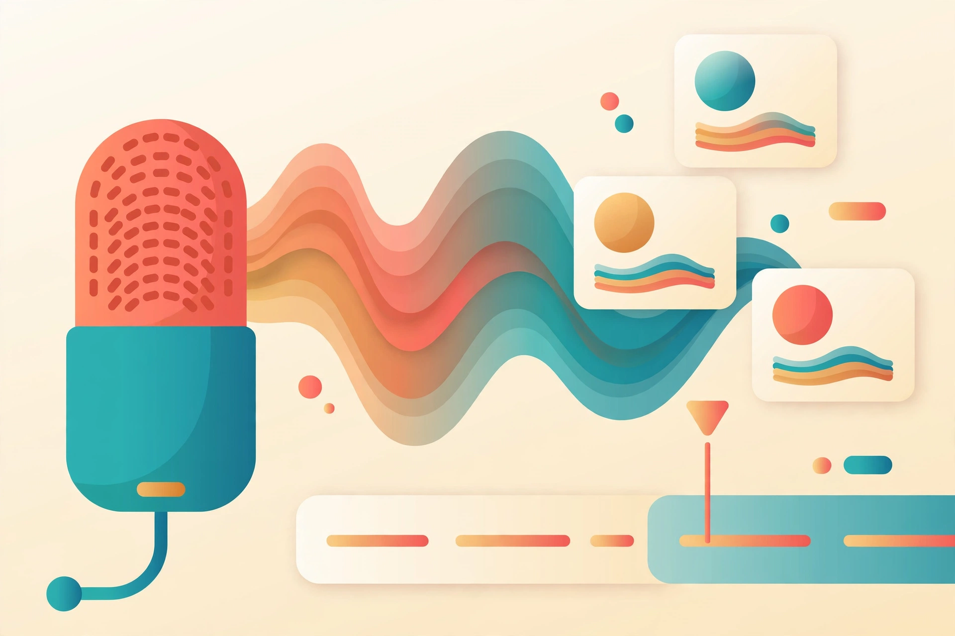 Flat vector illustration of a microphone emitting sound waves that transform into a voiceover editing timeline, warm coral and teal colors