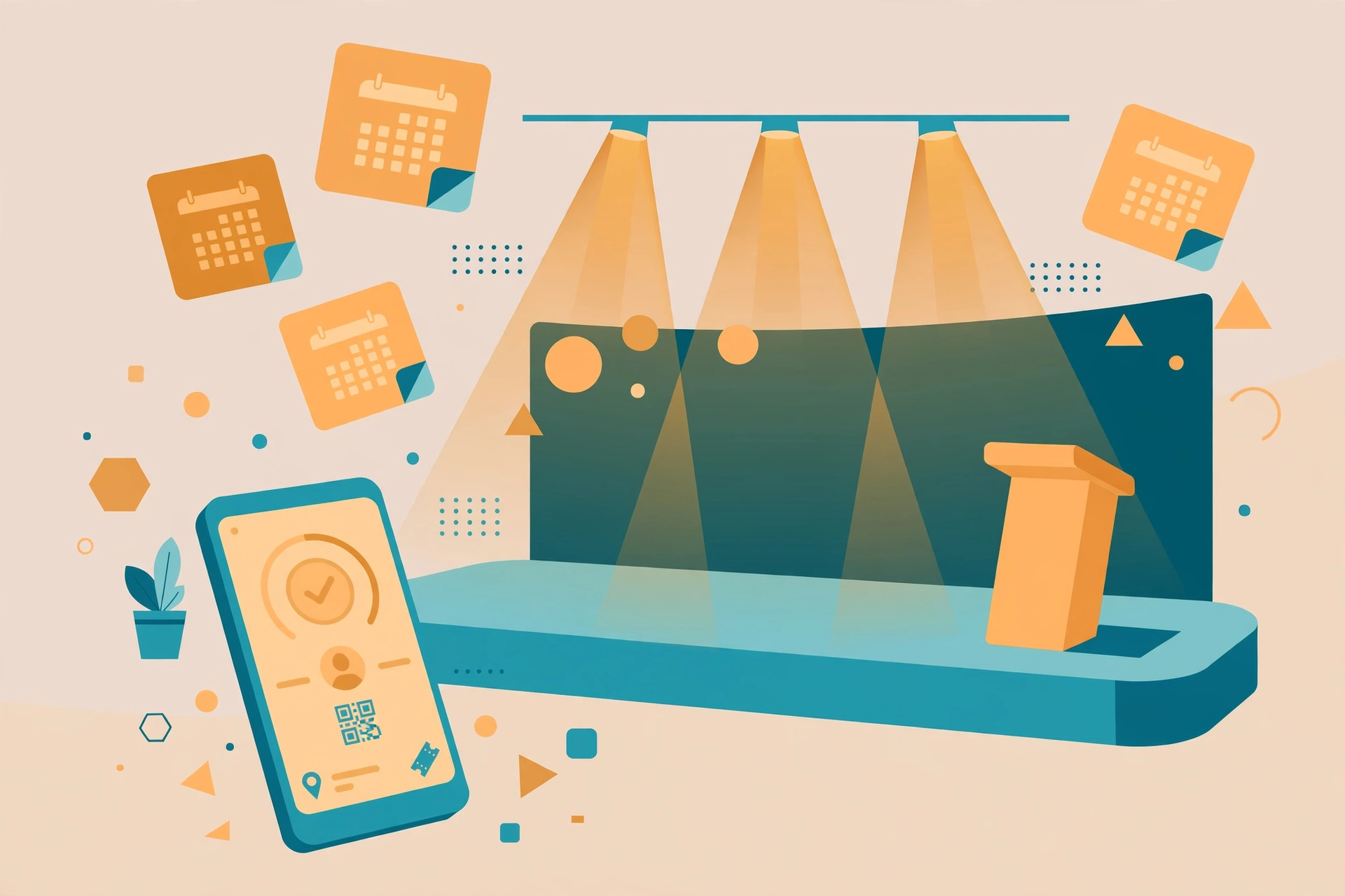 A conference stage with spotlights, floating calendar cards and a smartphone showing event check-in