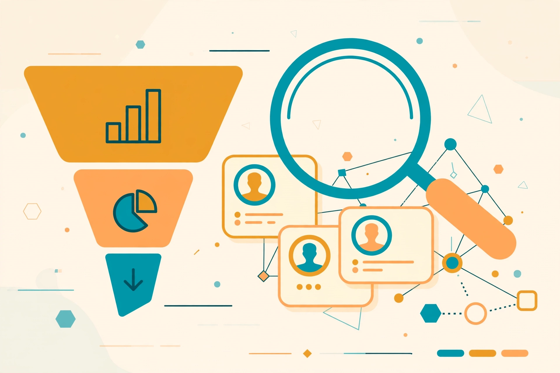 A sales dashboard funnel with a magnifying glass over floating contact profile cards