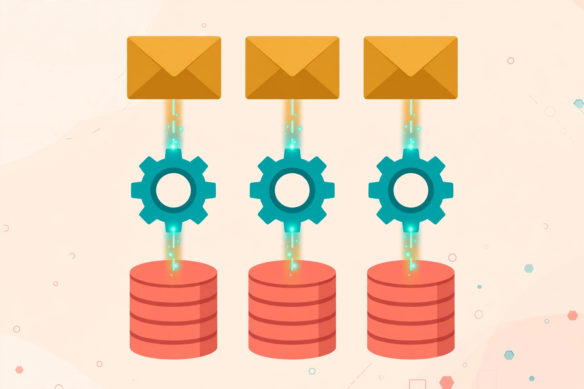 A three-layer technology stack - database blocks, enrichment gears, and outreach envelopes - connected by data flow lines
