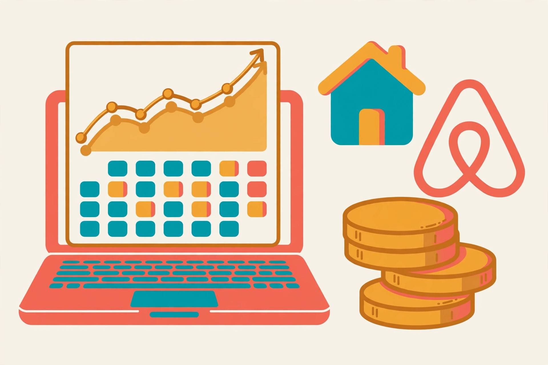 Flat vector illustration of a vacation rental host's laptop showing a dynamic pricing dashboard with rising price charts and calendar, with small house icons and coins