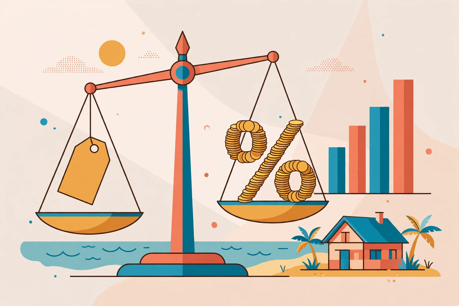Flat vector illustration of a balance scale weighing a fixed flat-fee price tag against a percentage symbol made of coins, with a bar chart and small beach house