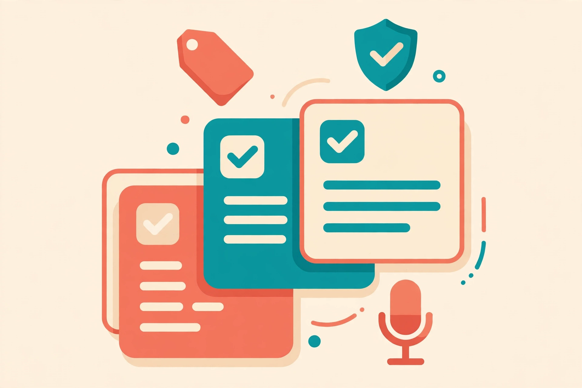 Flat vector illustration of overlapping document cards with checkmarks, a price tag, a shield, and a microphone, suggesting a comparison of therapy note tools, in warm coral and teal tones