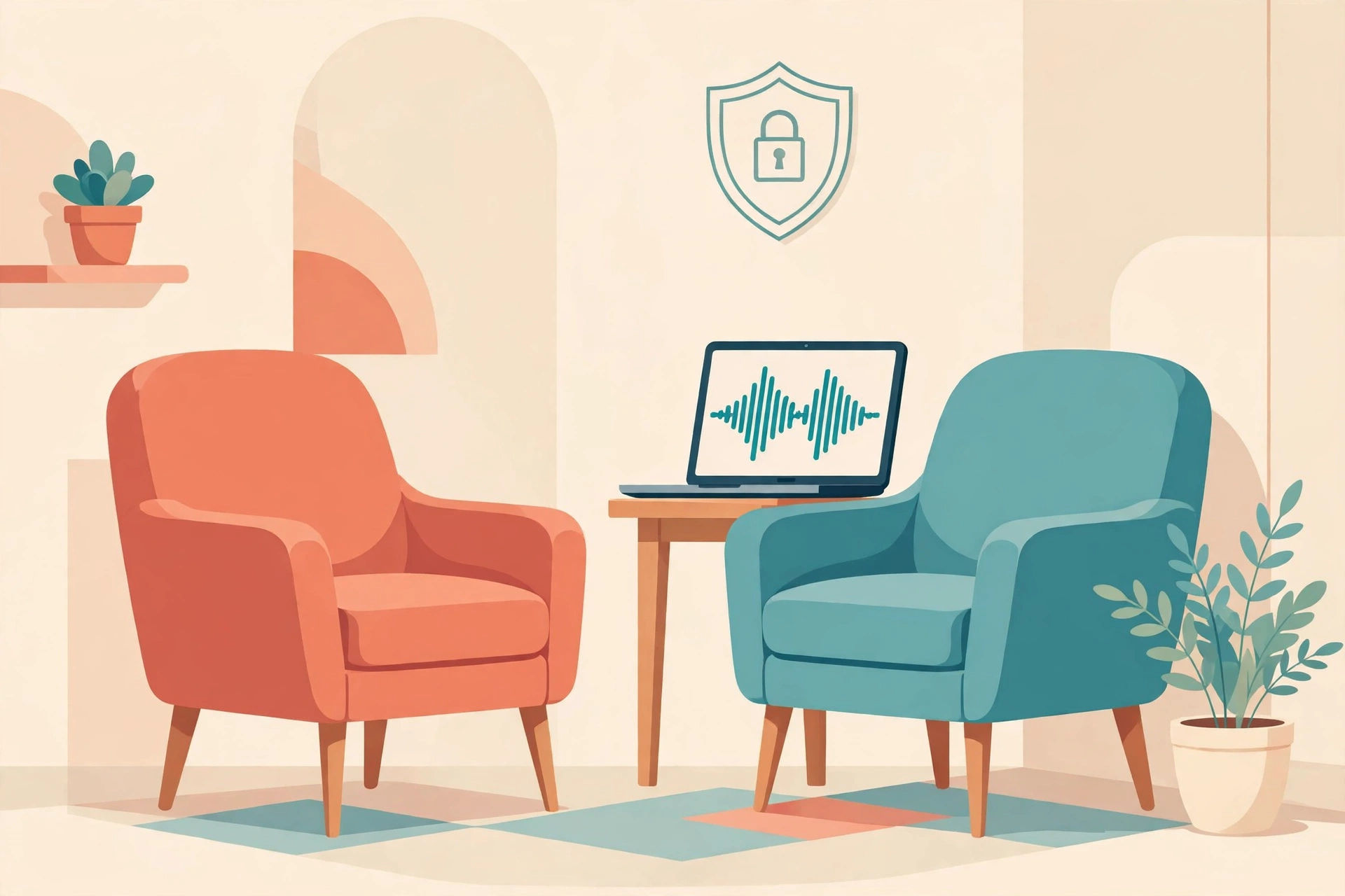 Flat vector illustration of a calm therapy office with two armchairs, a laptop showing a sound waveform, and a shield-and-lock privacy motif, in warm coral and teal tones