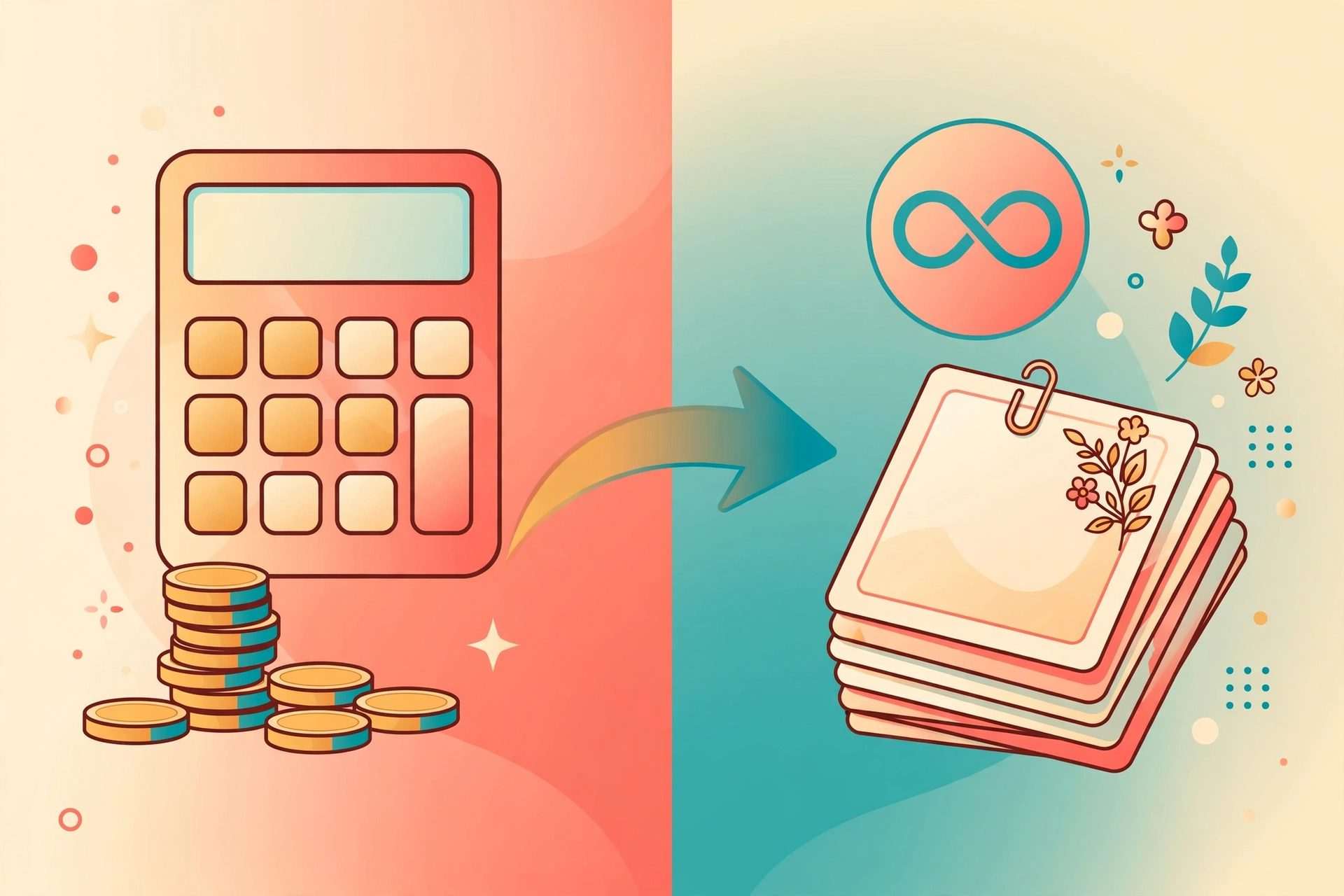 Flat vector illustration contrasting per-photo pricing with coins and calculator against an unlimited flat-rate badge over a stack of wedding photos, warm coral and teal colors