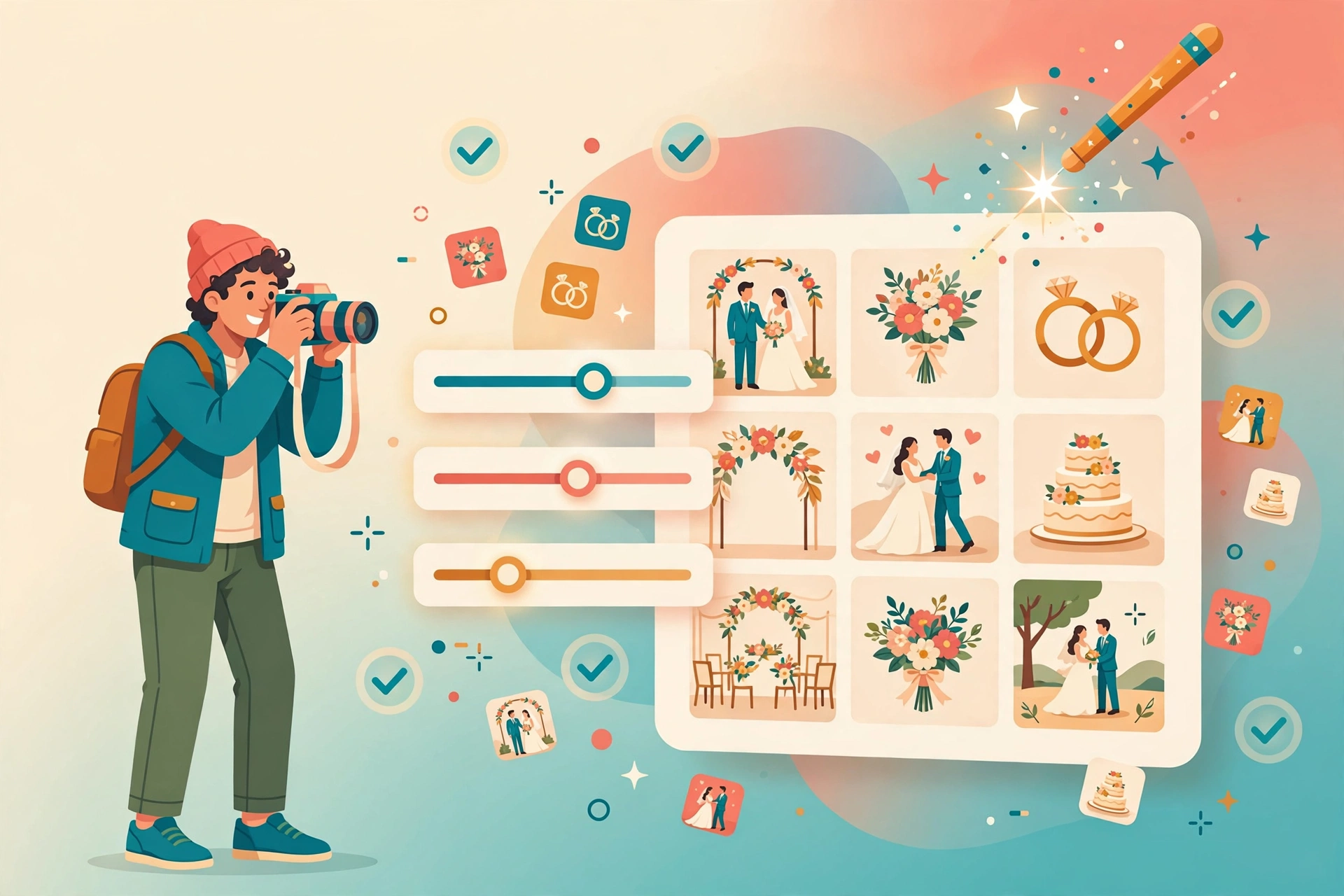 Flat vector illustration of a photographer with camera beside a floating wedding photo grid, an AI wand applying color correction, warm coral and teal colors