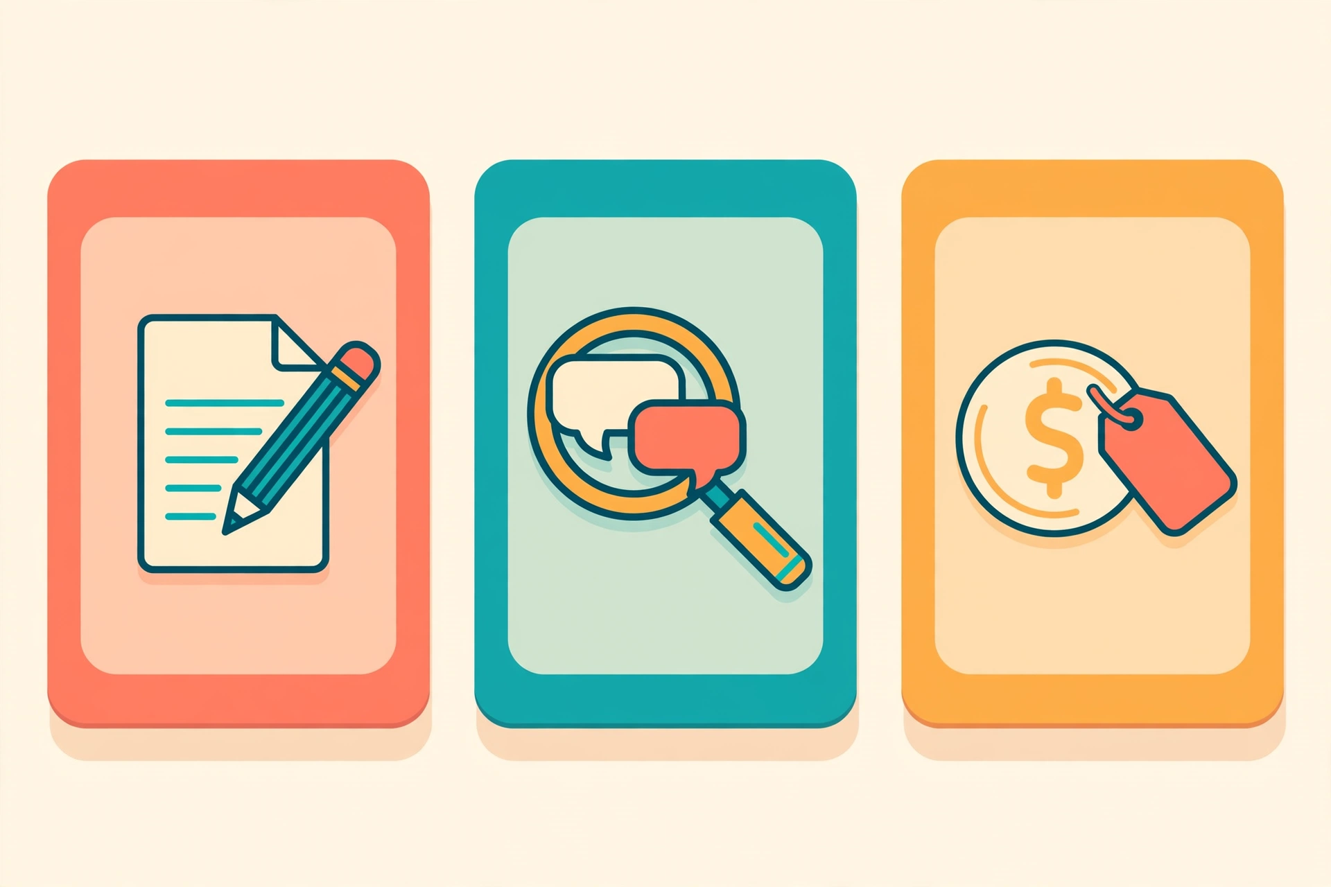 Three dashboard cards compared side by side: content creation, brand tracking, and value pricing