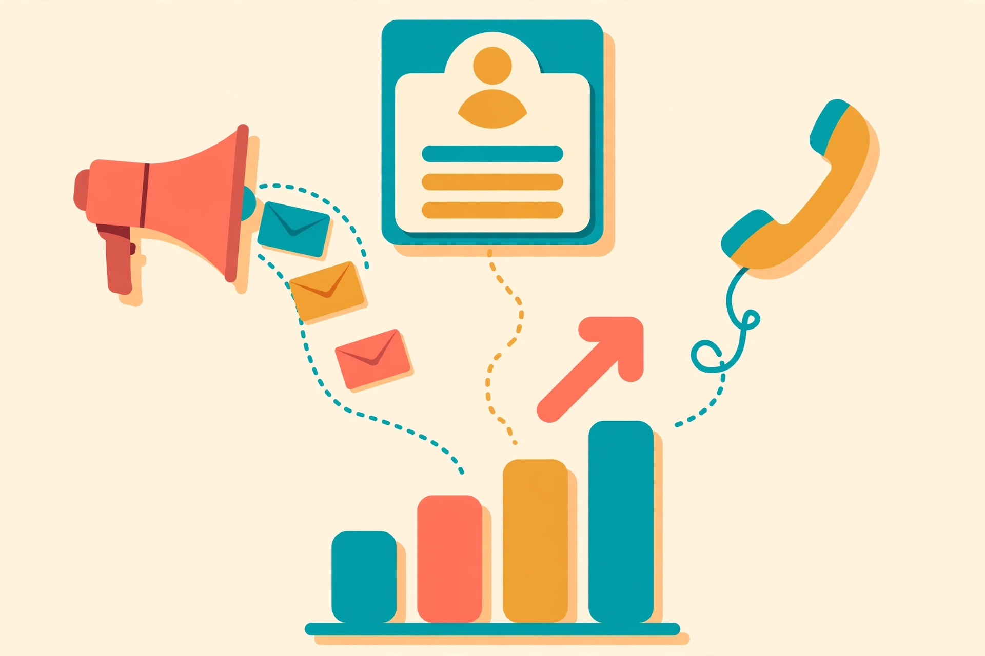 Megaphone sending envelopes, a professional profile card, and a phone converging on a rising bar chart