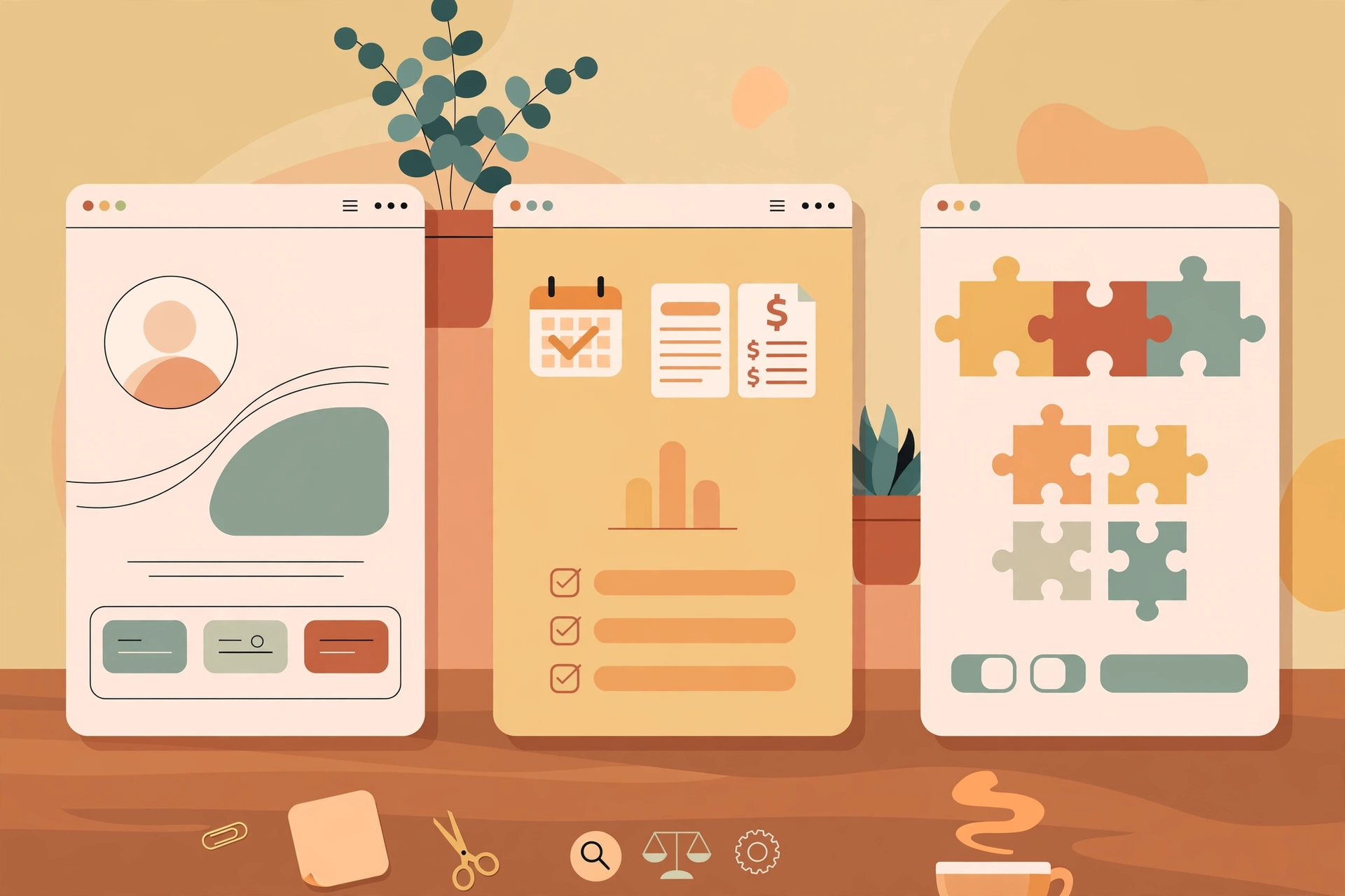 Flat vector illustration comparing three website styles side by side: a designer page, a service business page with booking icons, and a WordPress page with plugin pieces